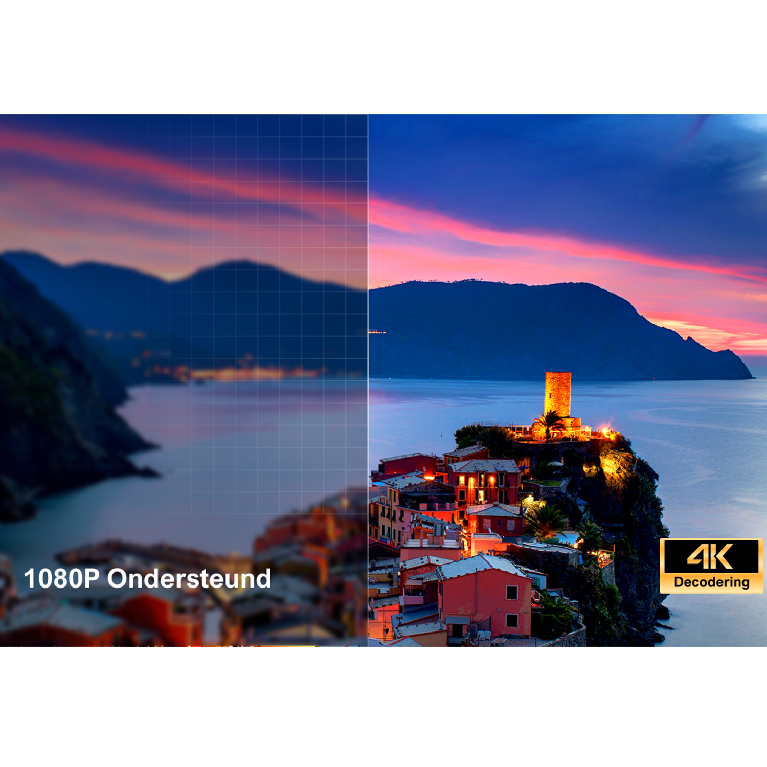 A split screen with a night scene over water. One side is 1080P, the other 4K decoding.
