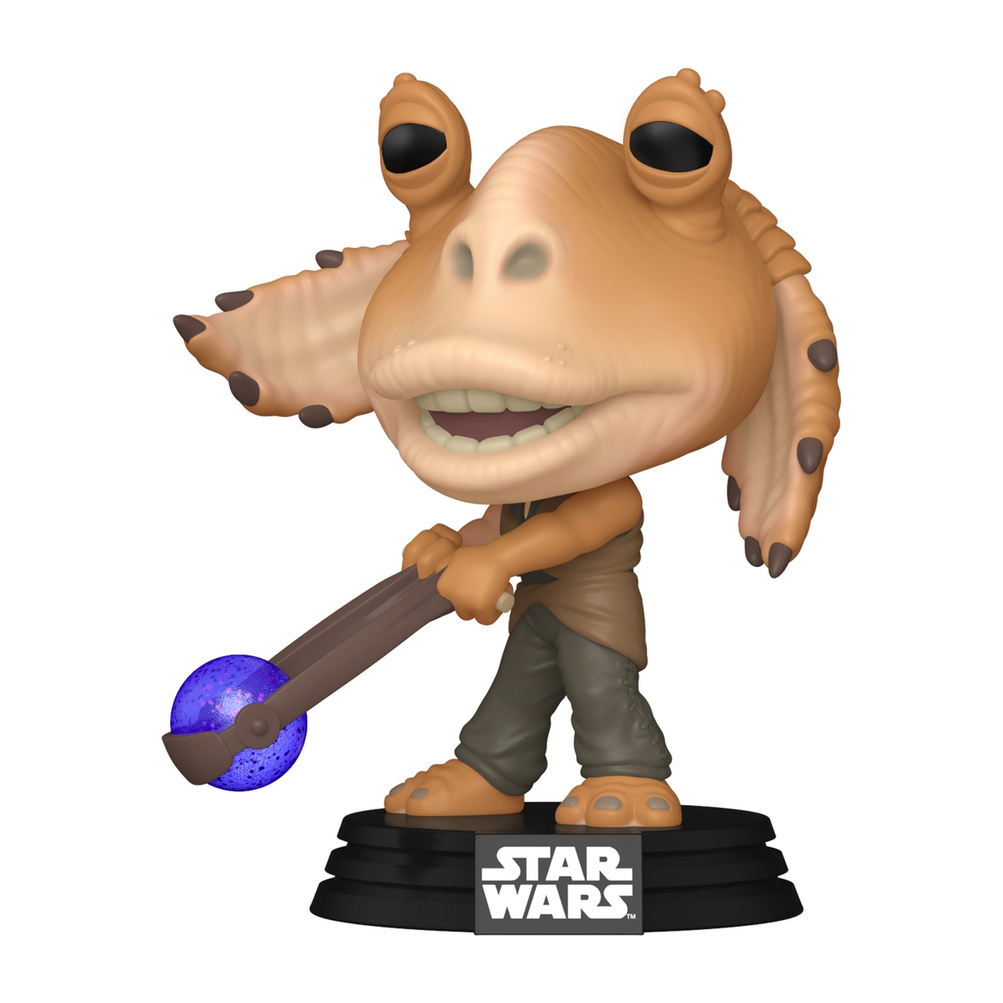 Statuetta di Jar Jar Binks. Tiene in mano un bastone e si trova su una base nera. Il logo di Star Wars è visibile.
