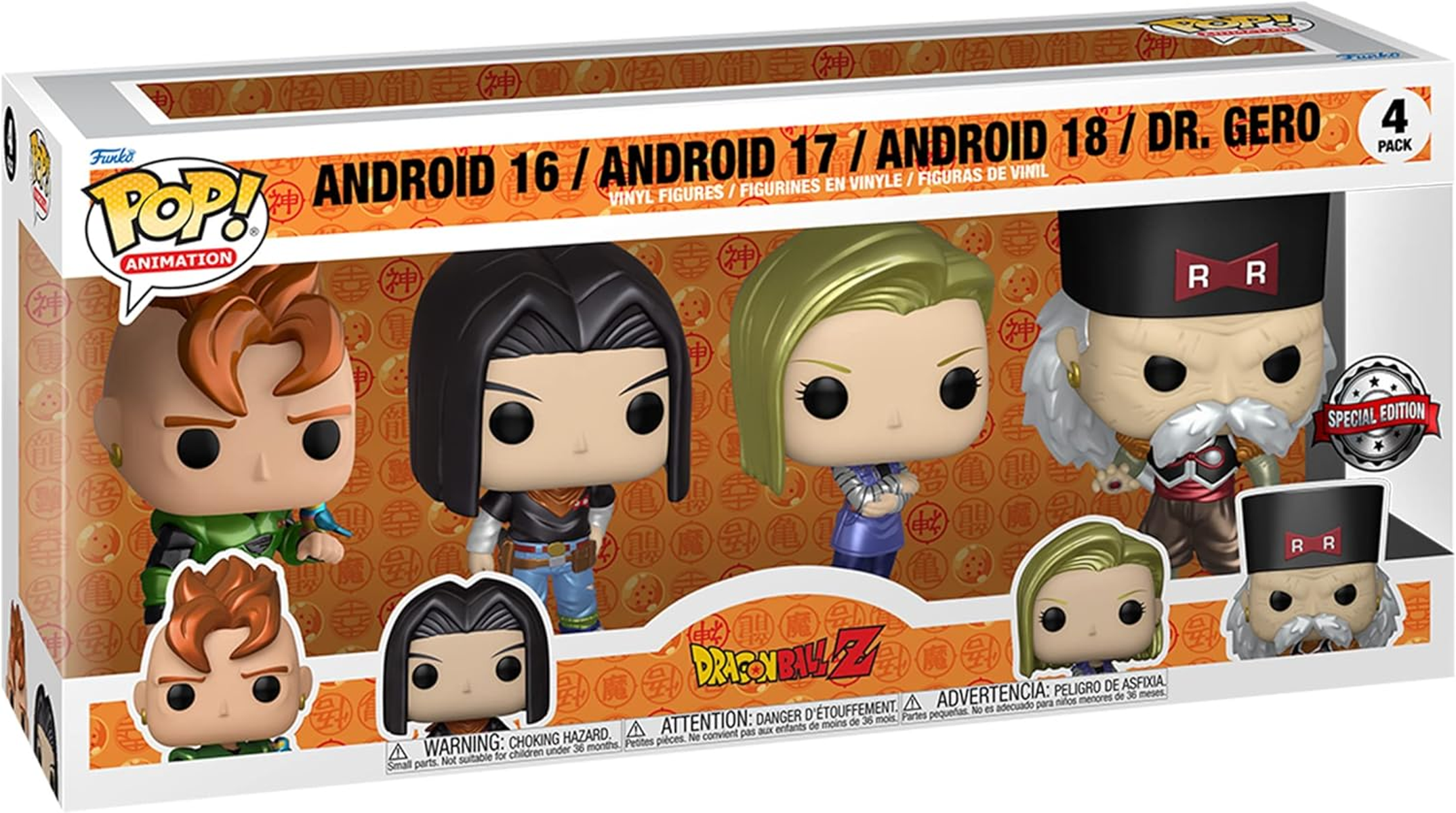 Figuras de Dragon Ball Z en una caja: Androide 16, 17, 18 y Dr. Gero.
