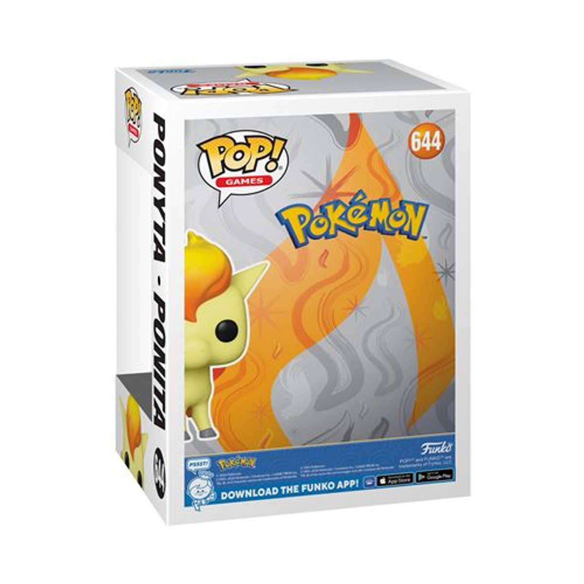 Una scatola Funko Pop per una figura di Ponyta Pokémon. La scatola è bianca con l'arte di Ponyta.