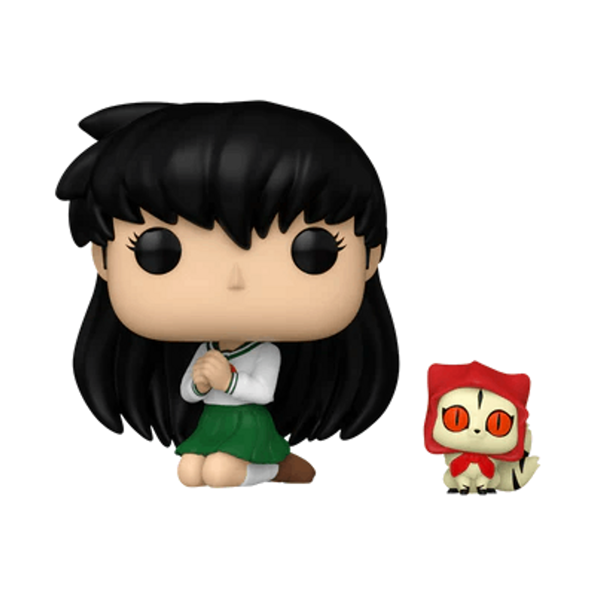 Una figura Funko Pop de una chica con falda verde y una figura de gato. Ambos sobre fondo negro.