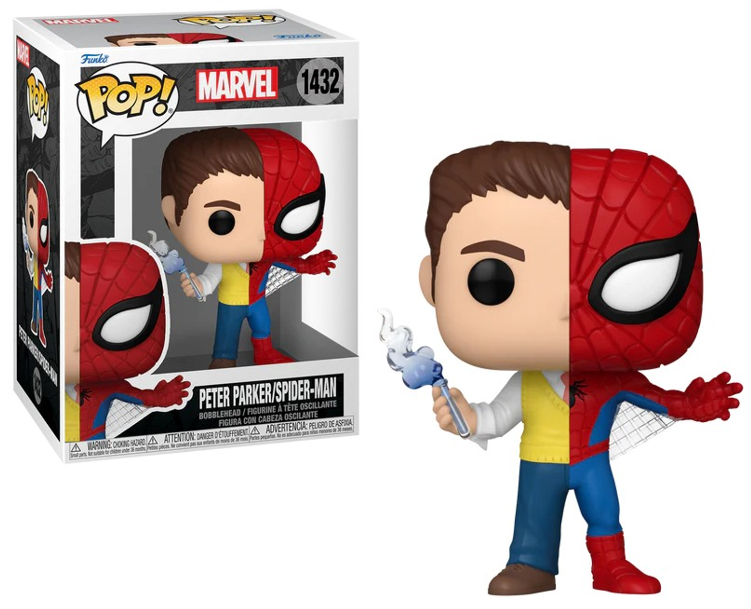 Figura Funko Pop de Peter Parker/Spider-Man, en caja y fuera. Mitad Spider-Man, mitad Peter Parker.