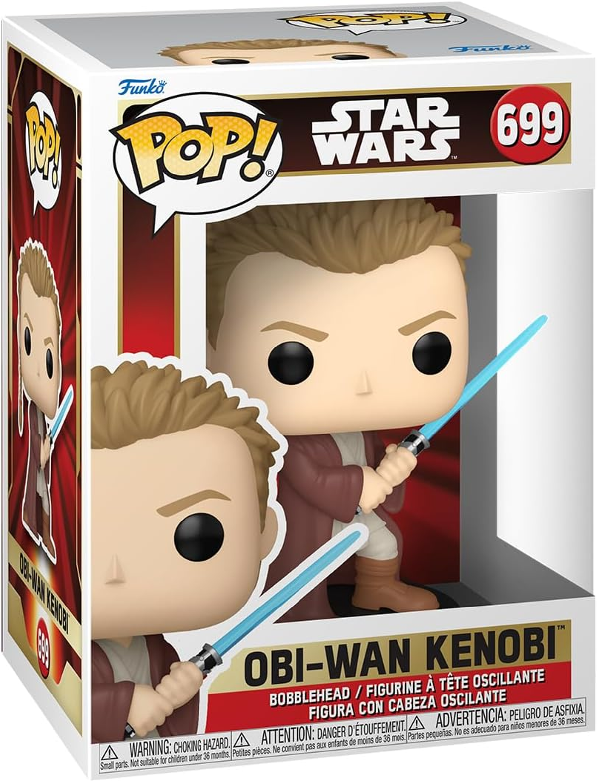 Figura Funko Pop de Obi-Wan Kenobi en su caja, con dos imágenes de la figura.