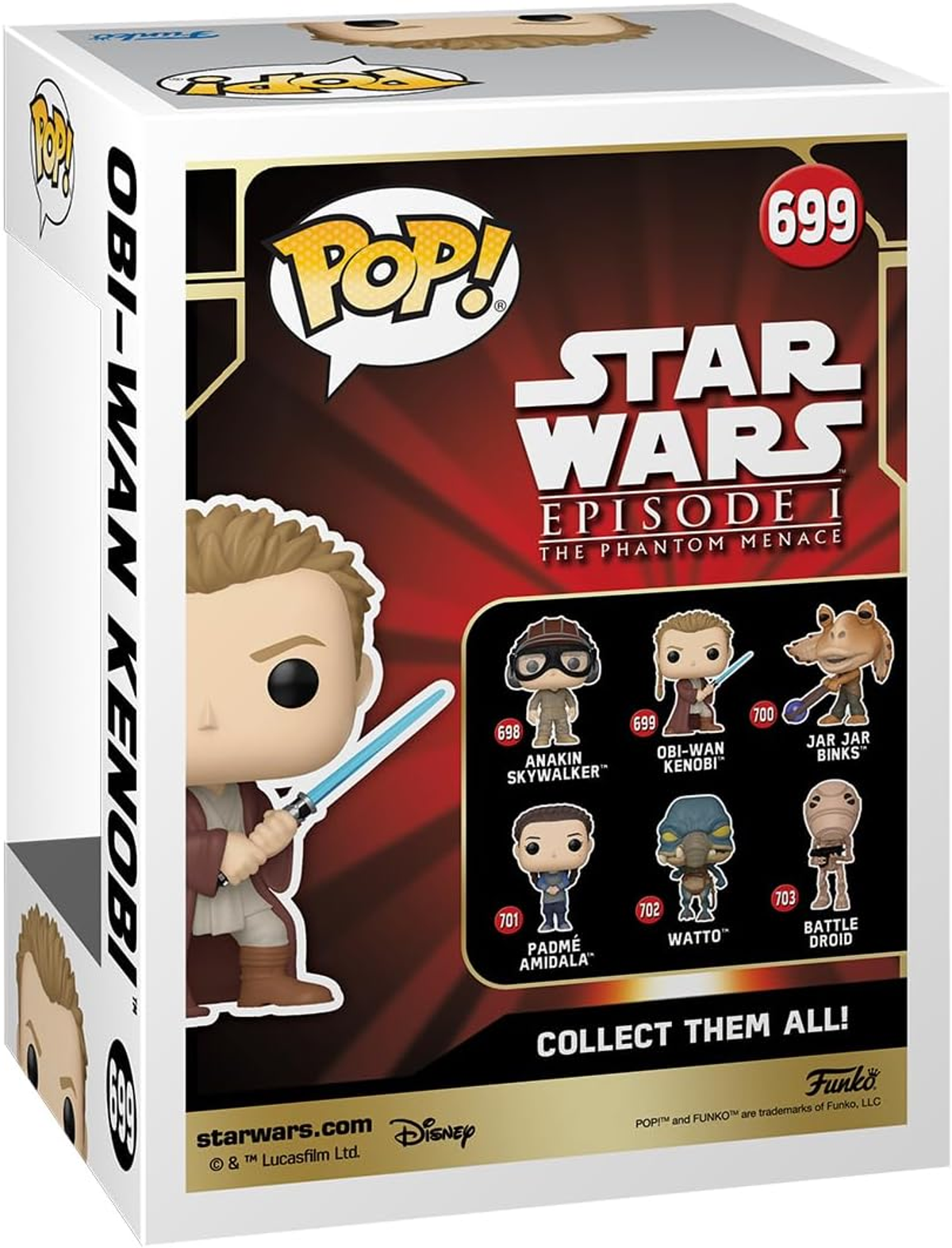 Caja Funko Pop de Obi-Wan Kenobi, con figura con sable láser e info de Star Wars.