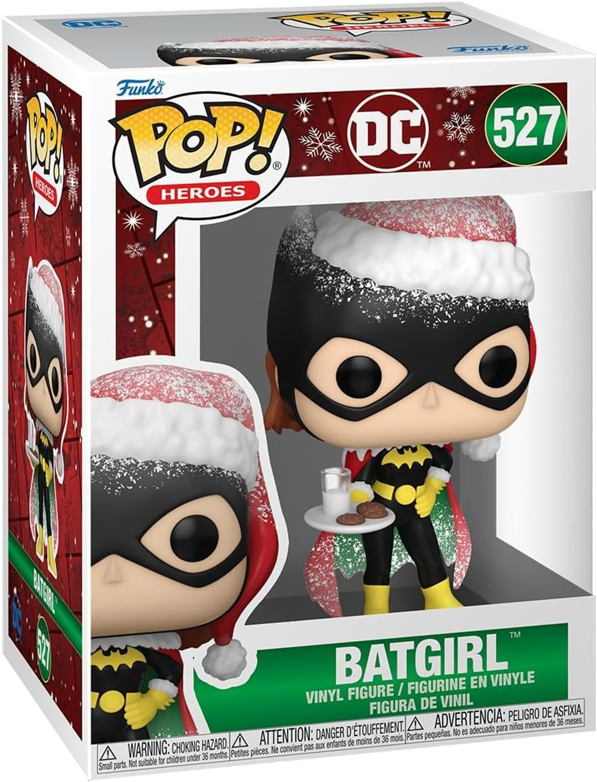 Figura Funko Pop de Batgirl con gorro de Papá Noel, sosteniendo una bebida y galletas.