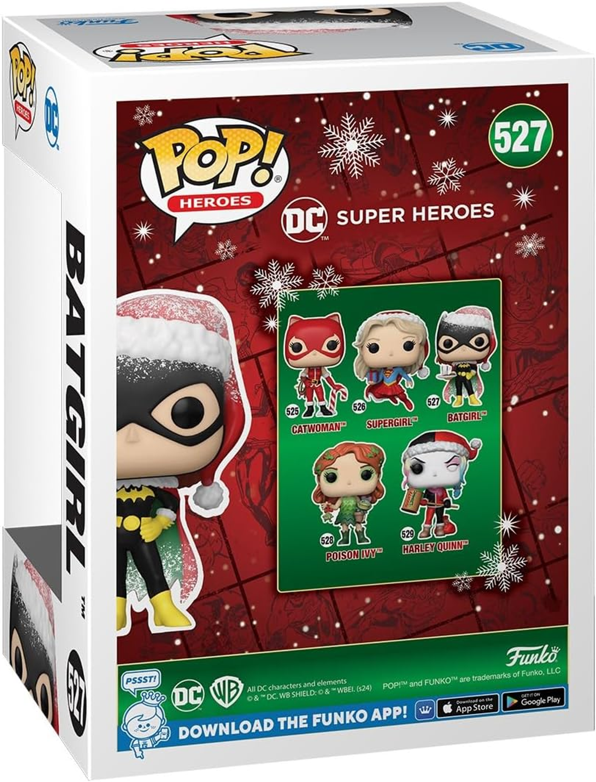 Una caja Pop! de Batgirl, con otros Superhéroes DC con trajes festivos y logotipo en la parte superior.