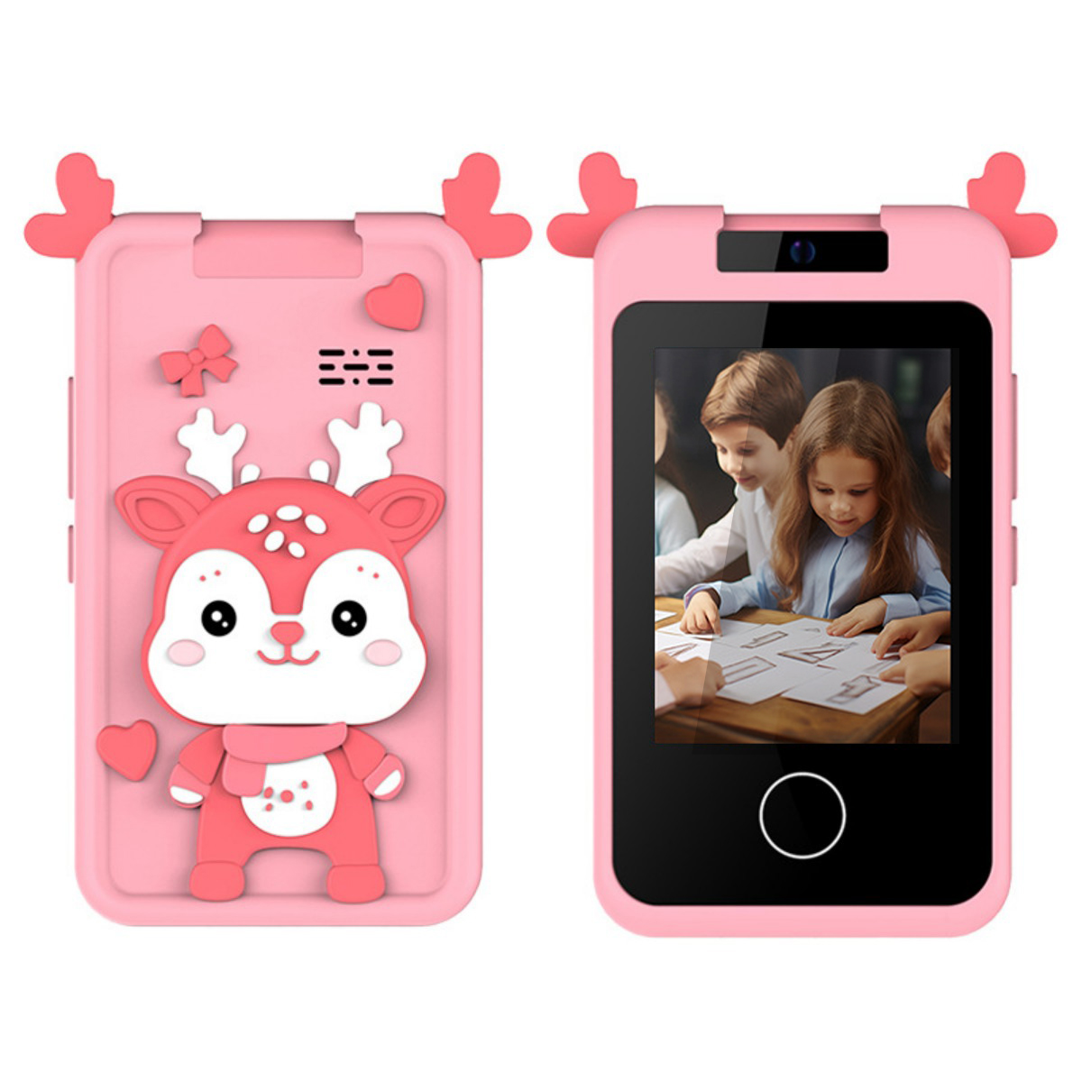 Eine rosa Handyhülle für Kinder mit einem Hirschdesign. Der Bildschirm zeigt zwei Kinder.