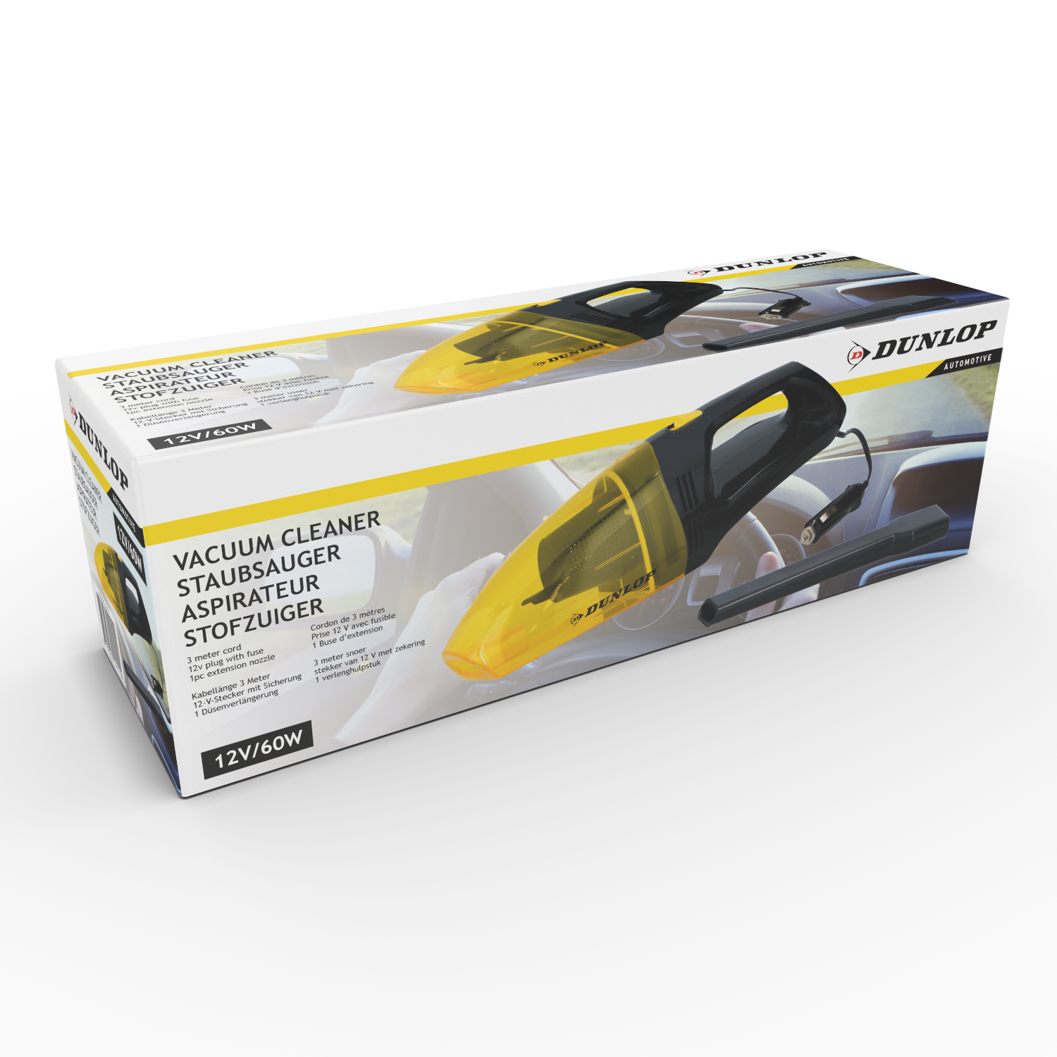 Une boîte d'aspirateur. Un aspirateur jaune est au centre de la boîte.