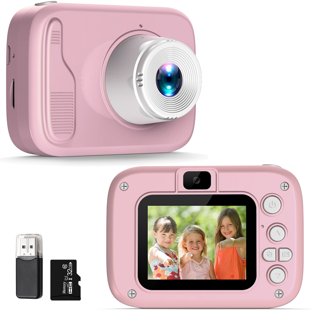 Rosa Kinderkamera mit drei Kindern auf dem Bildschirm. Inklusive Speicherkarte und USB-Adapter.