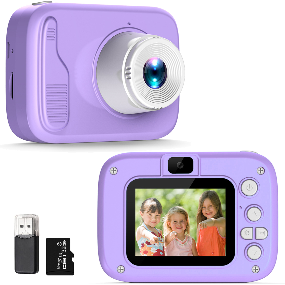 Lila Kinderkamera mit zwei Ansichten: vorne mit Linse und hinten mit Kinderfotos.