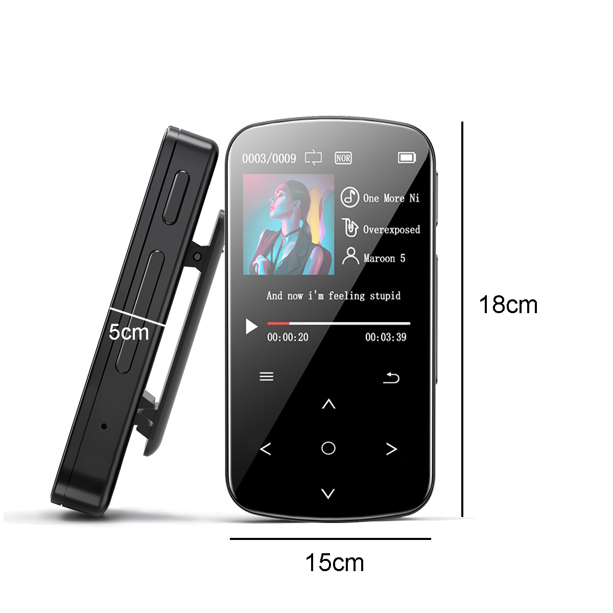 Schwarzer MP3-Player mit Bildschirm, der ein Lied anzeigt. Abmessungen: 15x18x5 cm.