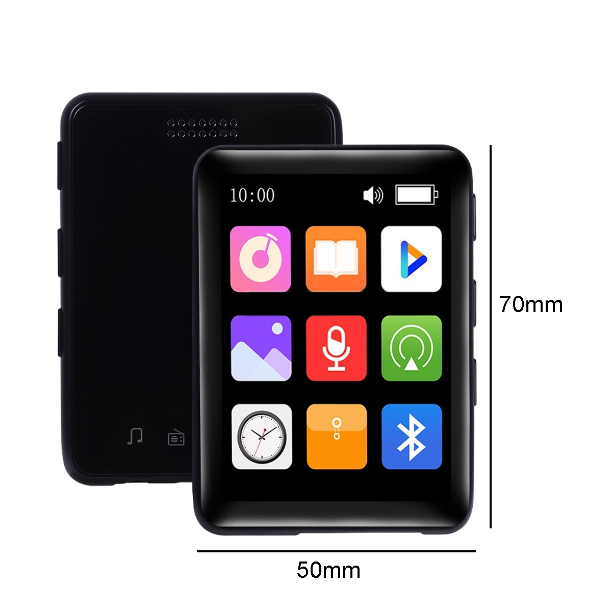 Schwarzer MP3-Player mit Bildschirm, der eine Uhr und App-Symbole anzeigt. Rechteckige Form mit Tasten und Abmessungen.