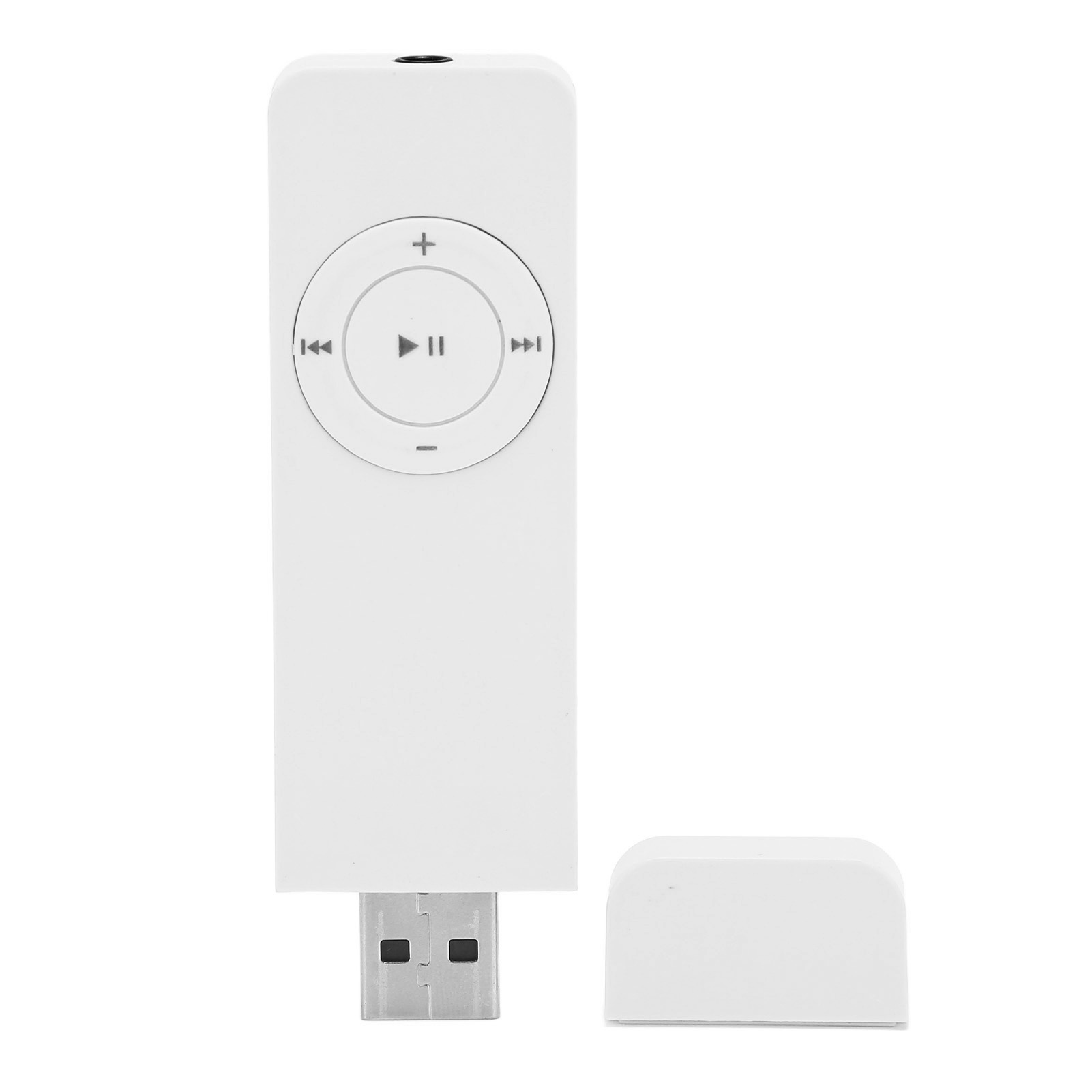 Ein weißes USB-Gerät mit Wiedergabe/Pause- und Vorwärts/Rückwärts-Tasten. Die Kappe ist abgenommen.