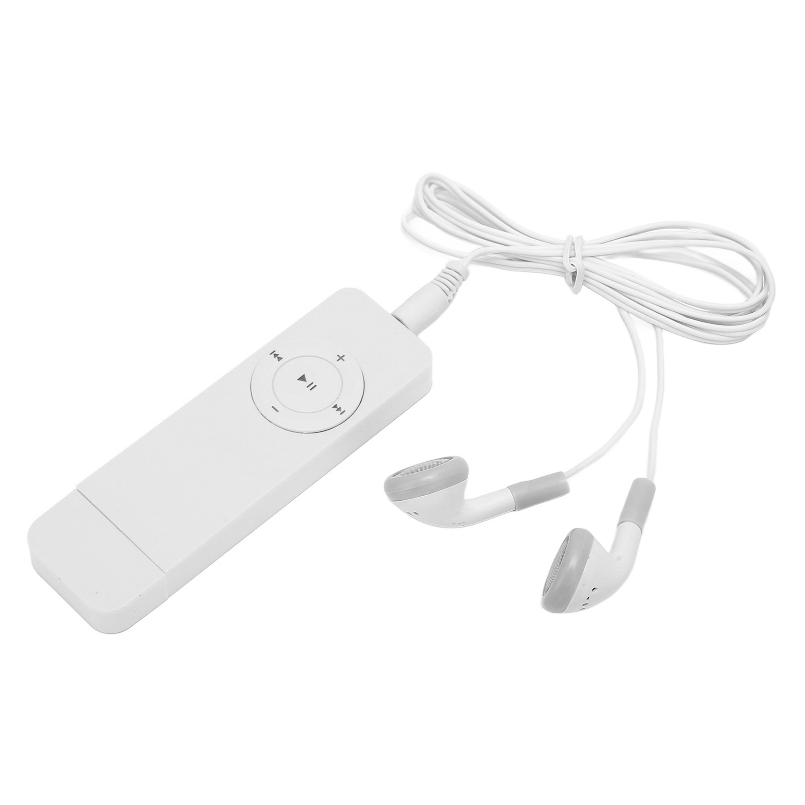 Weißer MP3-Player mit weißem Kabel und weißen und grauen Ohrhörern auf weißem Hintergrund.