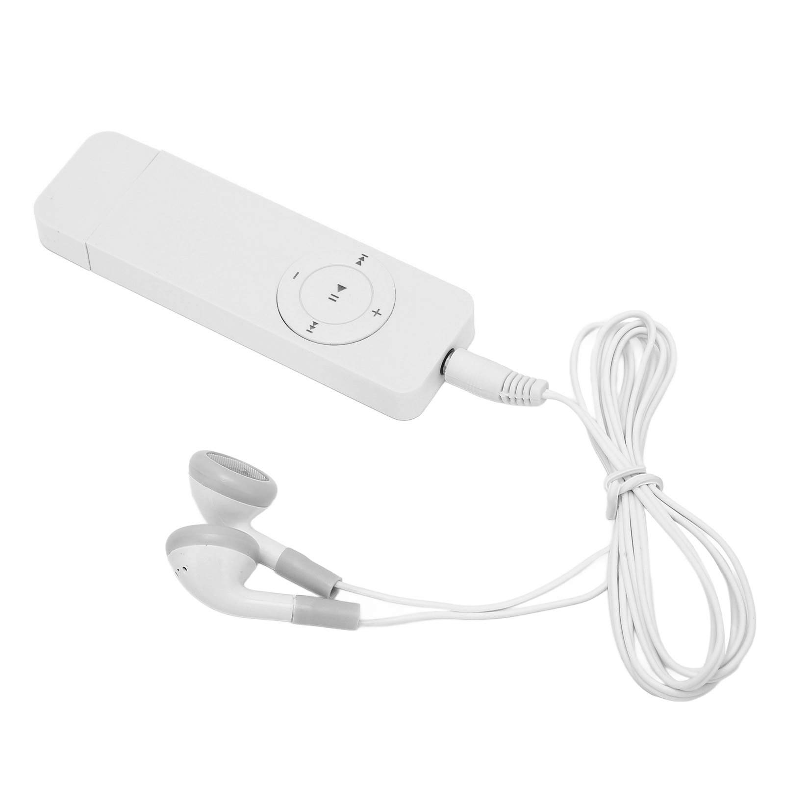 Ein weißer MP3-Player mit Bedienelementen, Kopfhörern und einem weißen Kabel, isoliert auf weiß.