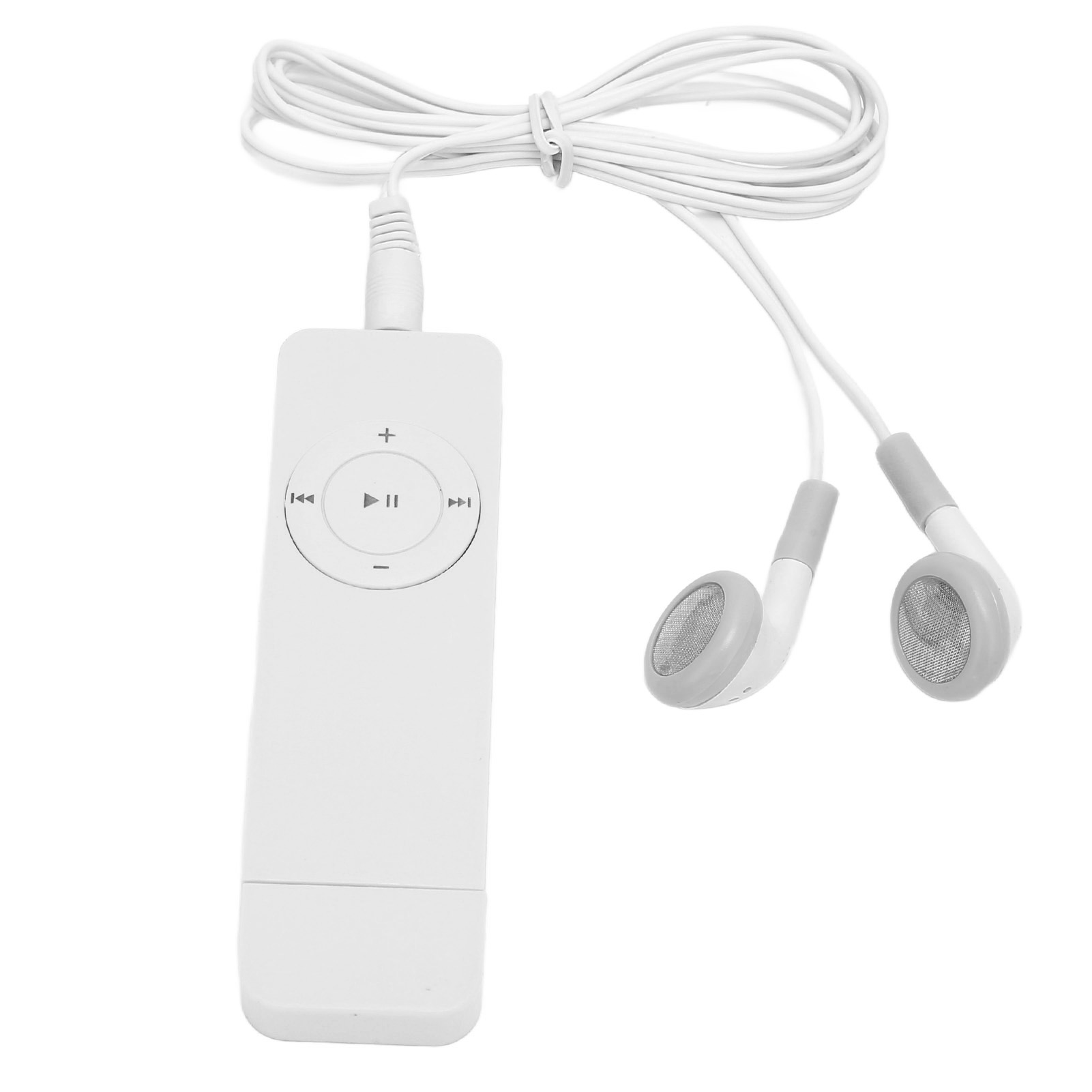 Ein weißer MP3-Player mit weißen Ohrhörern und Kabel.