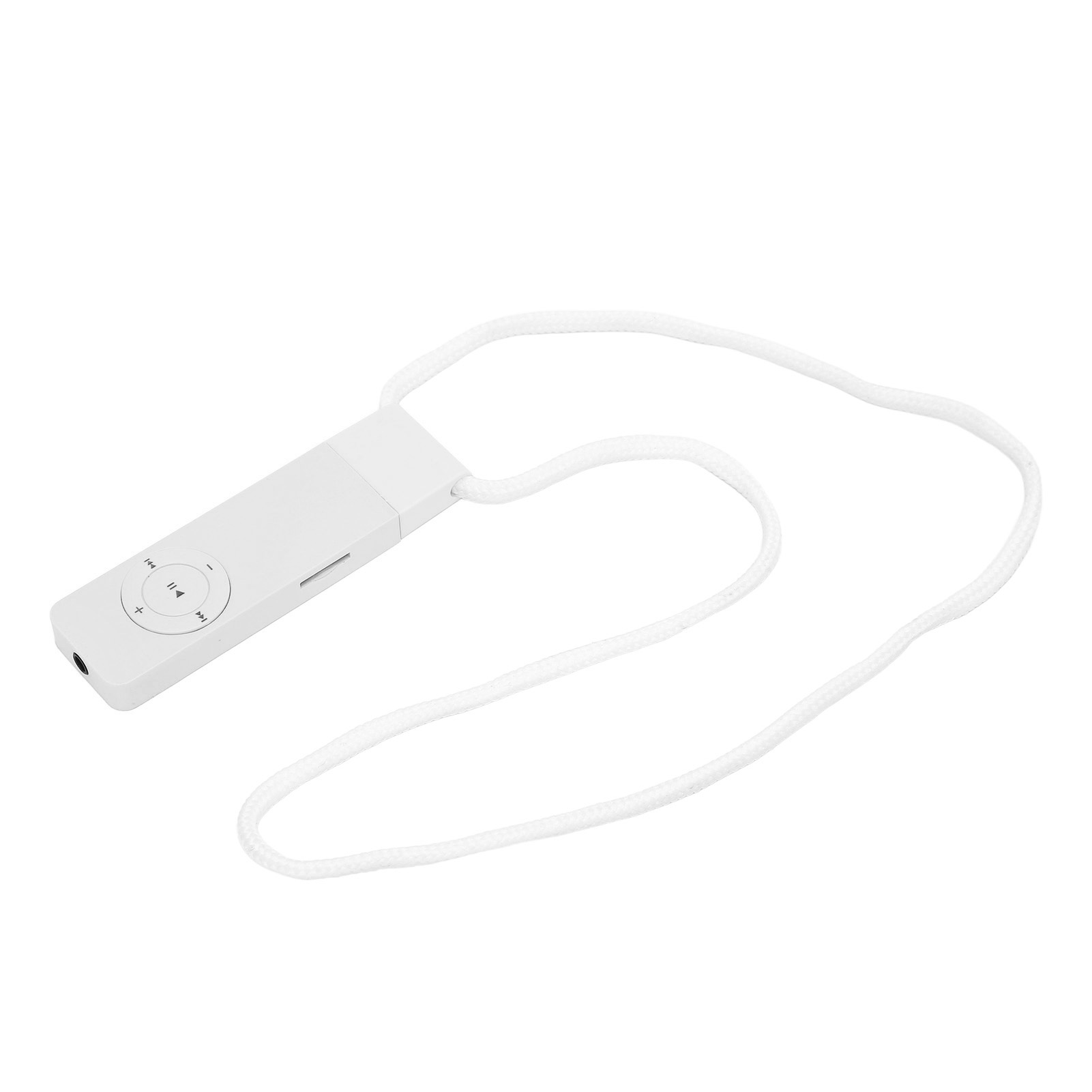 Ein weißer MP3-Player mit Lautstärketasten und einem weißen Schlüsselband, isoliert auf weißem Hintergrund.