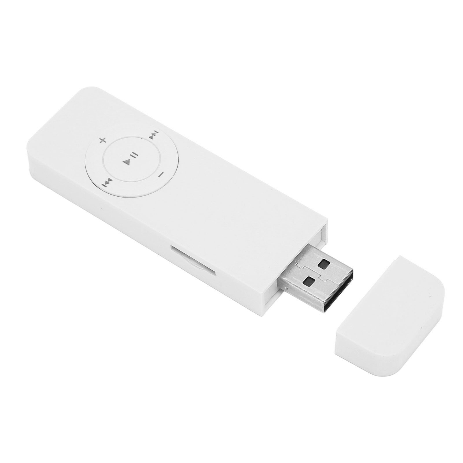 Ein weißer USB-Stick mit Wiedergabe/Pause- und Überspringen-Tasten. Die Kappe ist offen.