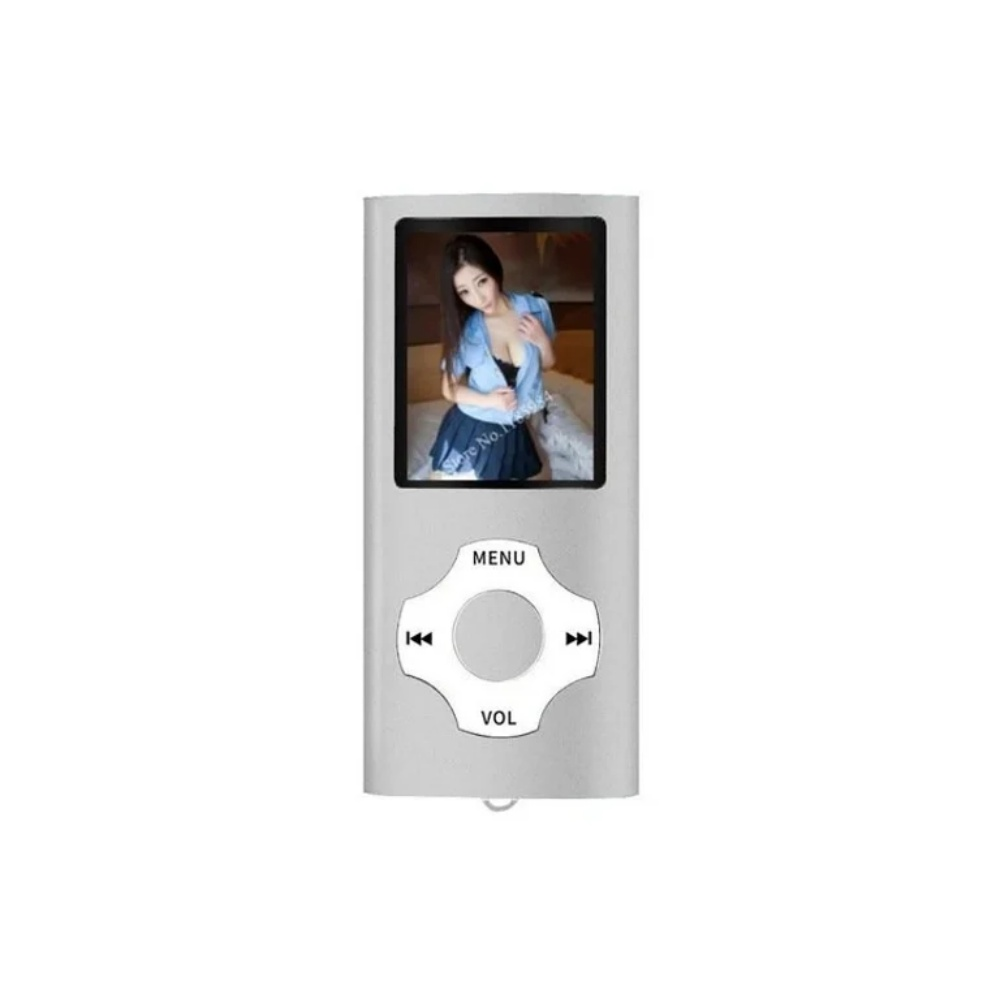 Silberner MP4-Player, zeigt eine Frau. Mit Menü-, Überspring- und Lautstärketasten. Weißer Hintergrund.