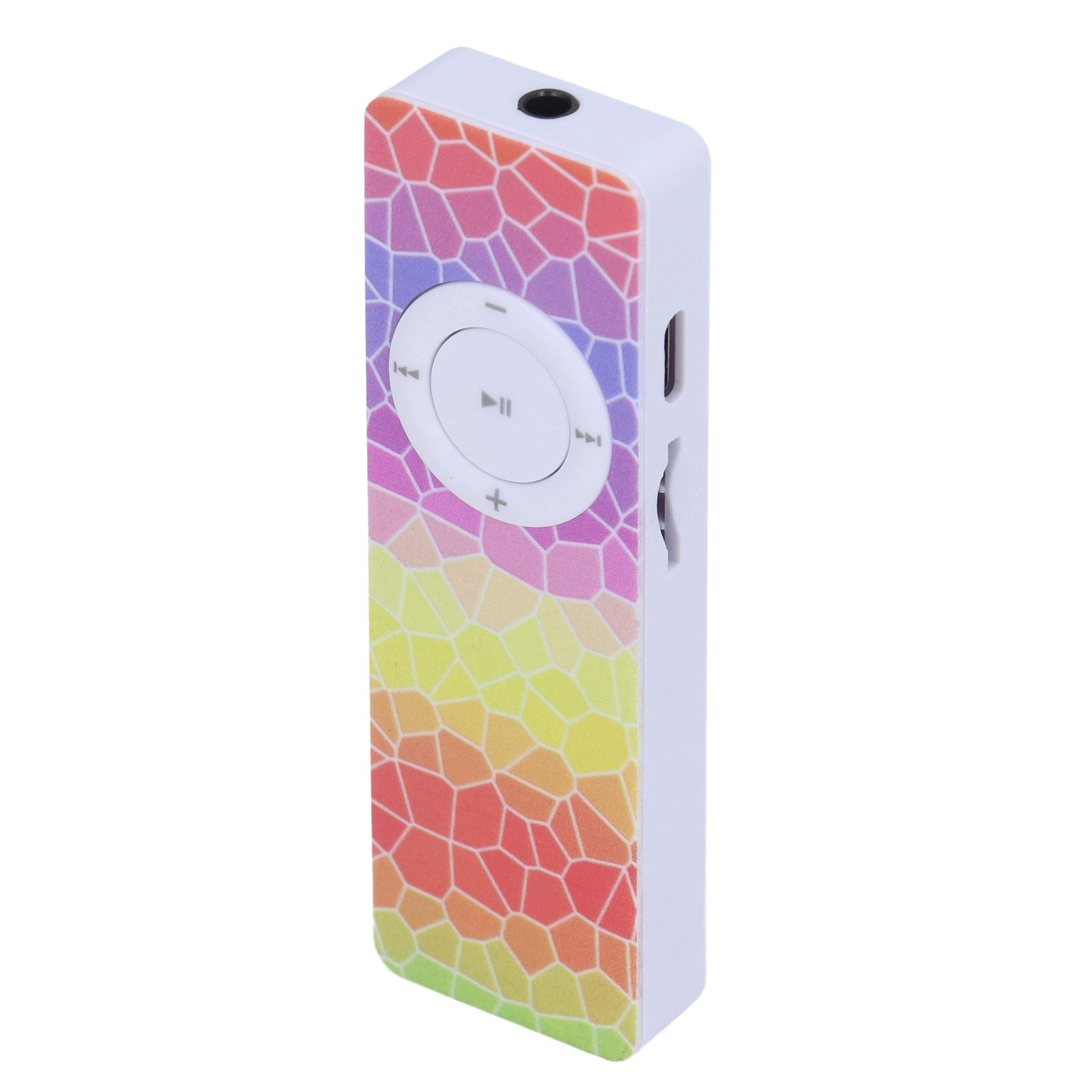 Ein weißer MP3-Player mit einem farbenfrohen Mosaikmuster auf der Vorderseite und einem Steuerrad.