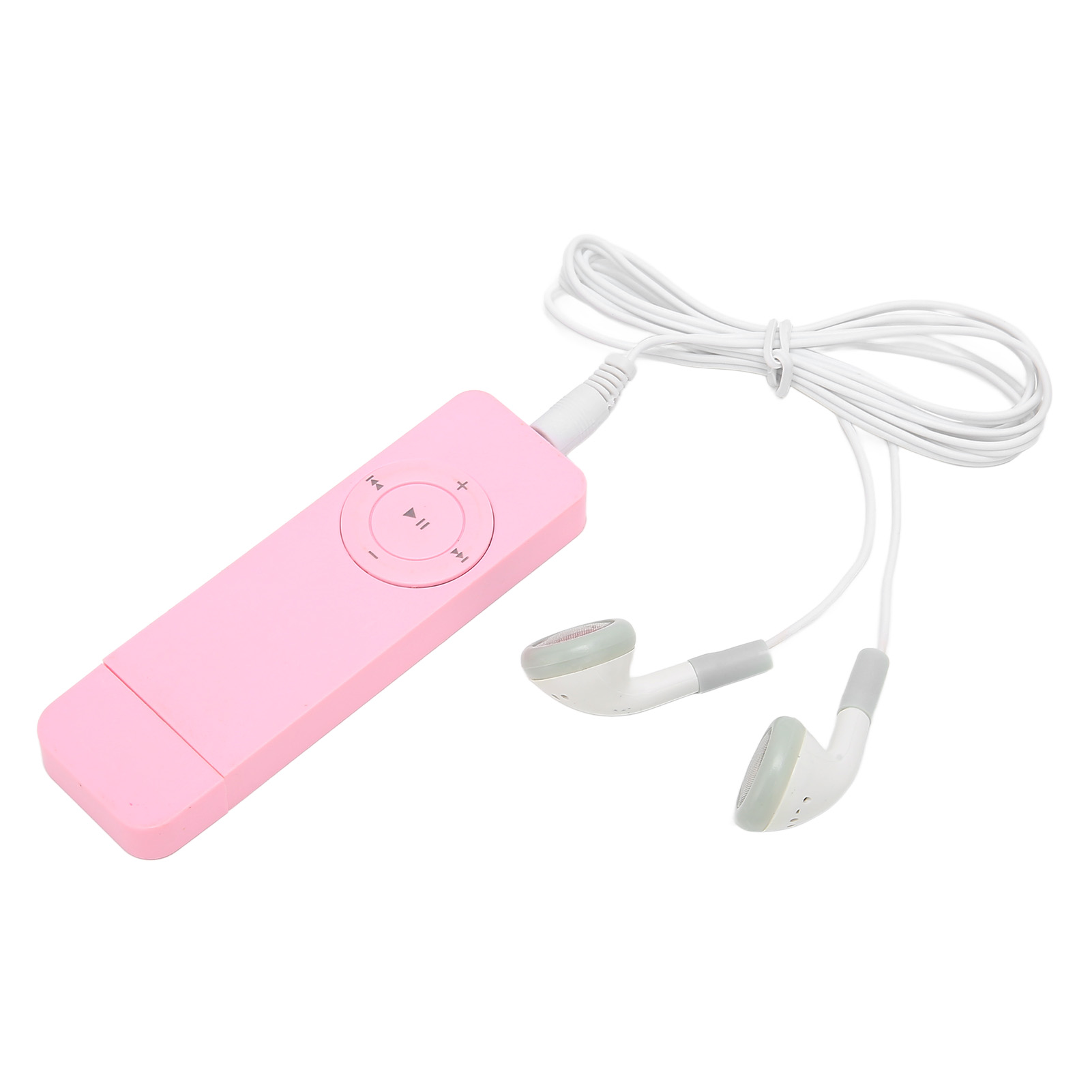 Ein rosa MP3-Player mit weißen Ohrhörern. Der Player hat Tasten zum Abspielen, Pausieren und Überspringen von Titeln.