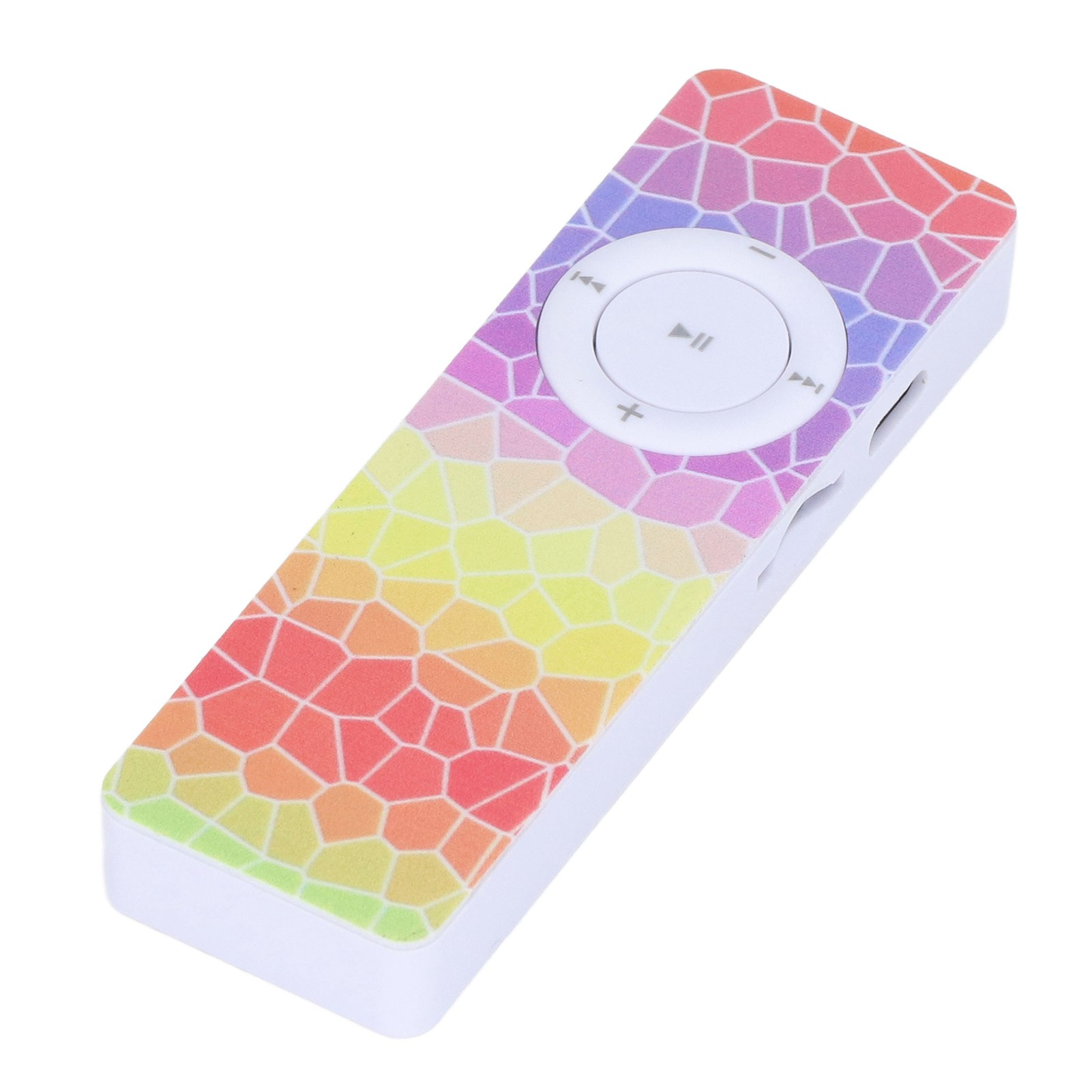 Bunter MP3-Player mit weißem Bedienknopf. Regenbogen-Mosaikmuster.