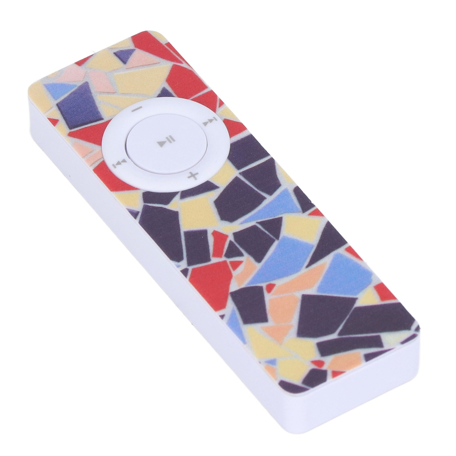MP3-Player mit farbenfrohem Mosaikdesign, Knöpfen und weißem Hintergrund.