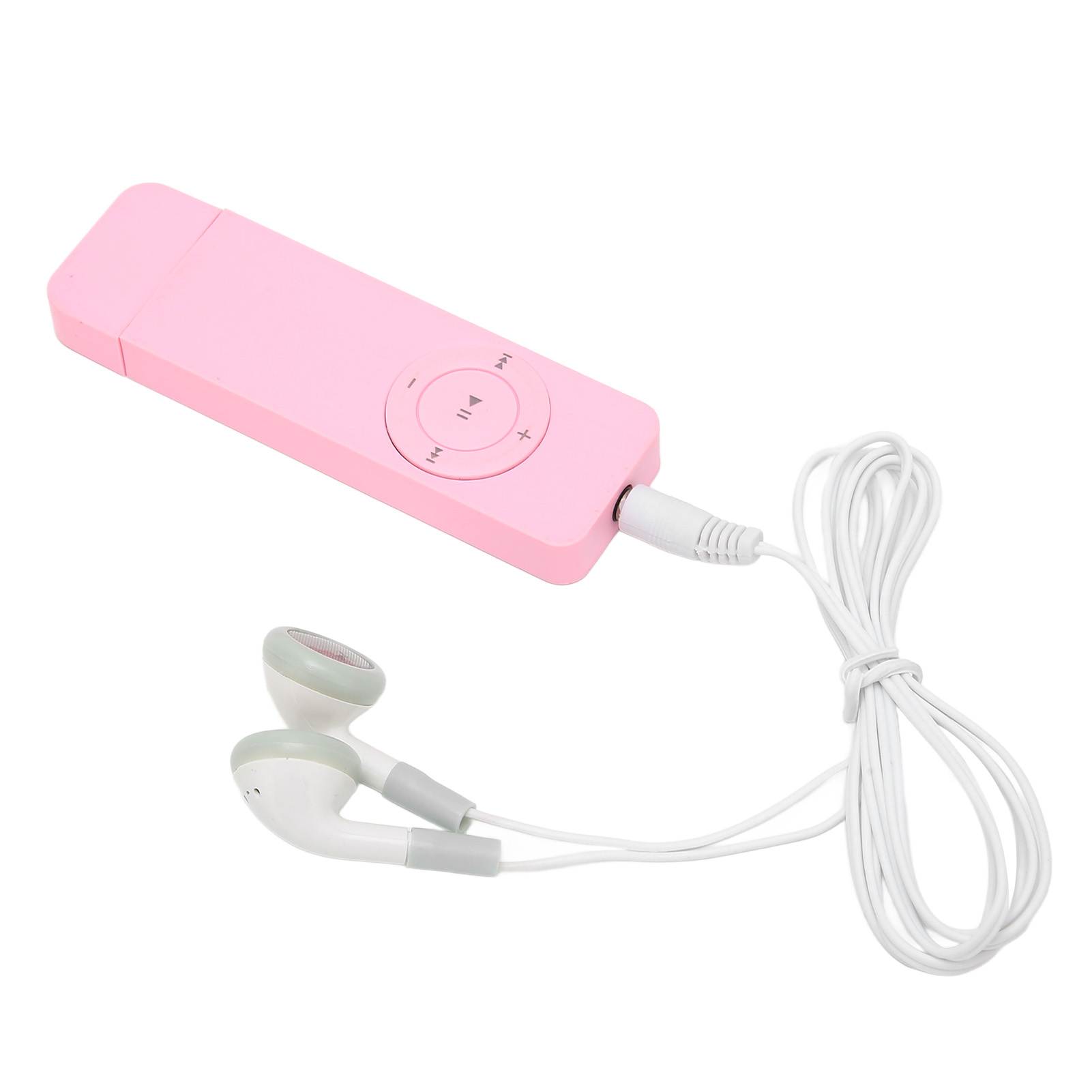 Rosa MP3-Player mit weißen Ohrhörern. Hintergrund ist eine weiße Oberfläche.