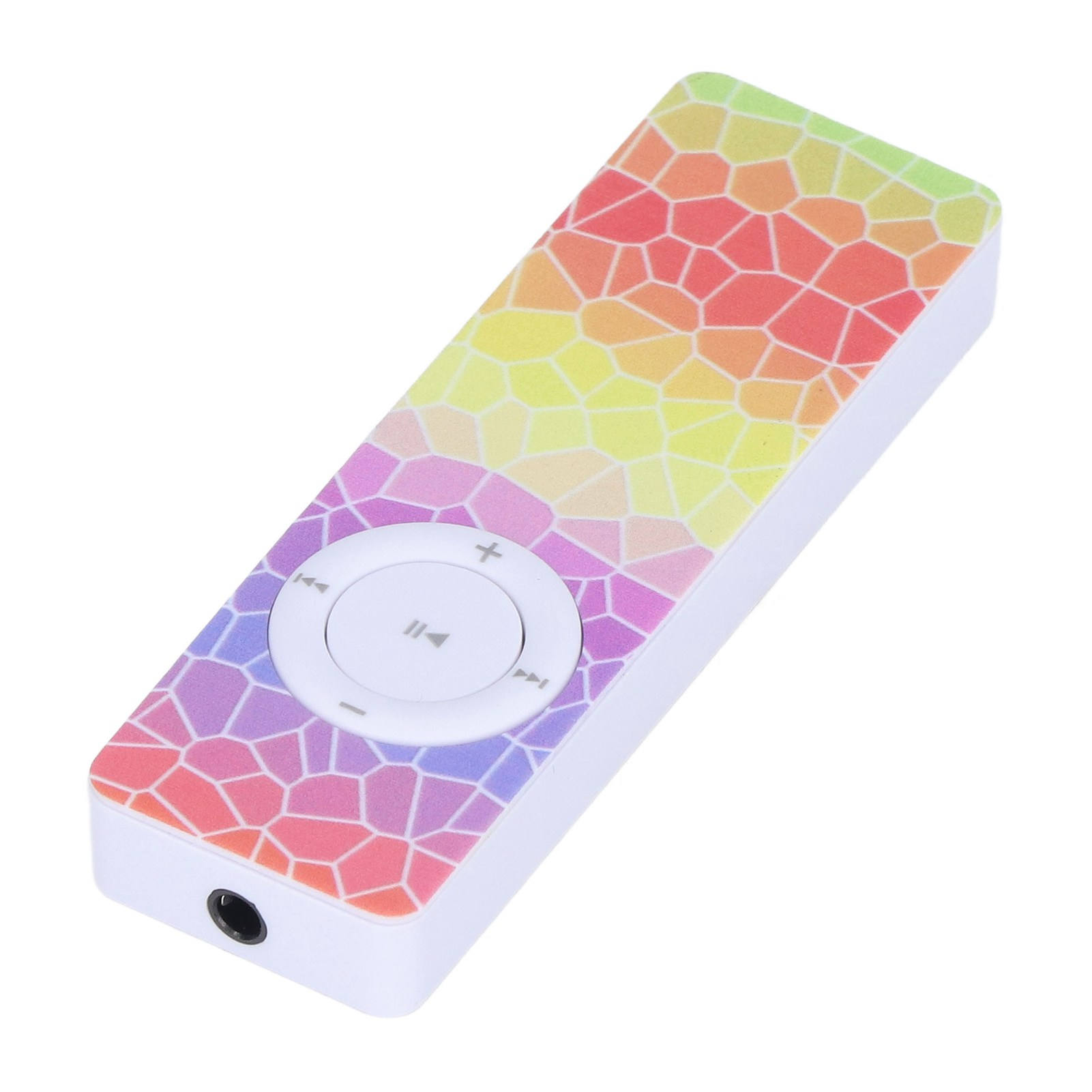 Ein farbenfroher, geometrisch gestalteter Musikplayer. Er hat eine kreisförmige Taste und Bedienelemente.