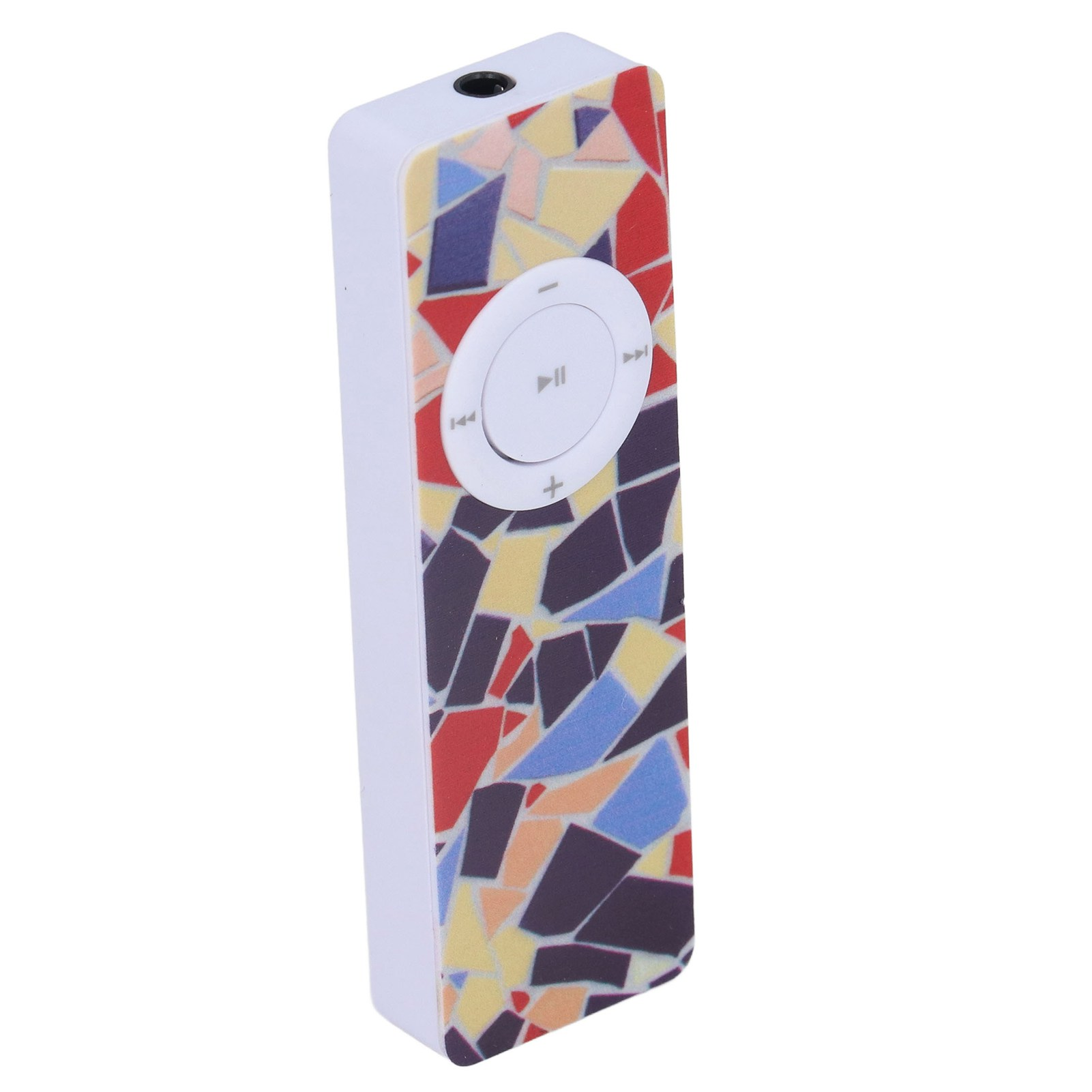 Ein weißer MP3-Player mit einem farbenfrohen Mosaikdesign. Er hat ein kreisförmiges Steuerkreuz und einen Kopfhöreranschluss.