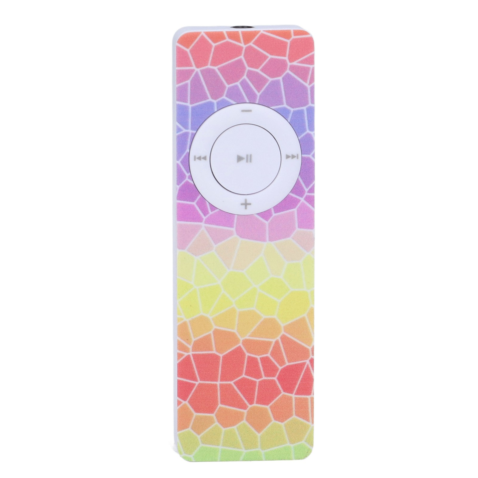 Ein farbenfroher MP3-Player mit Regenbogenmuster auf weißem Hintergrund.