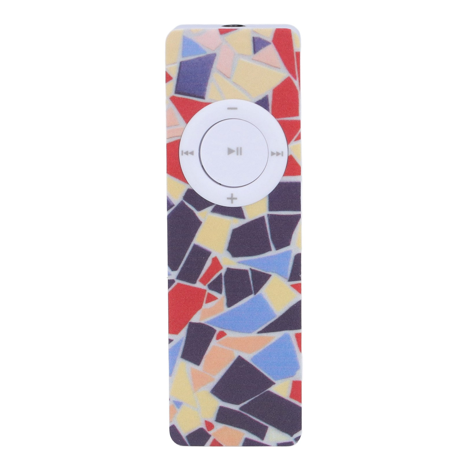 Ein bunter Musikplayer mit Steuertasten. Das Gerät hat ein mehrfarbiges Mosaikmuster.