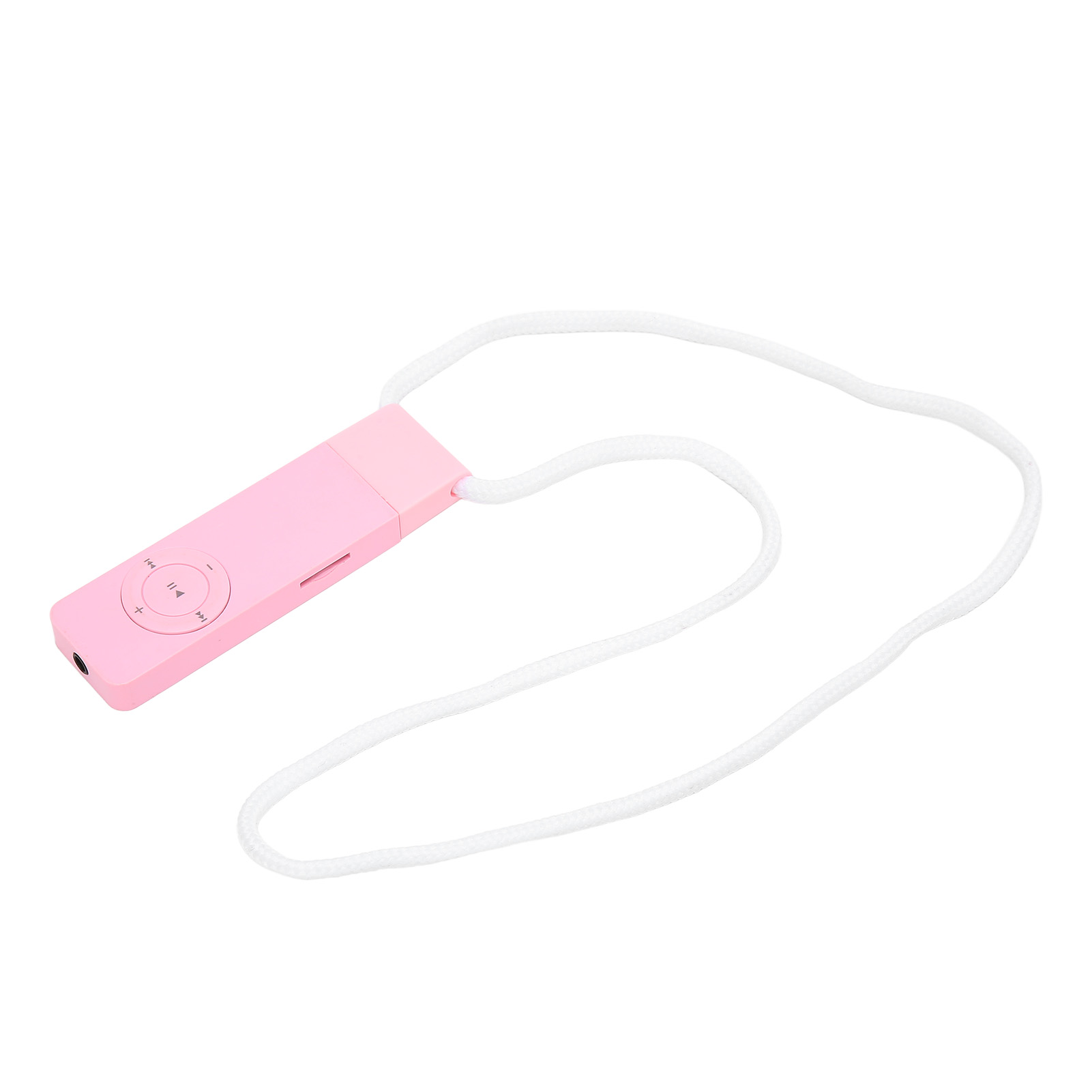Rosa MP3-Player mit weißem Umhängeband. Er hat Bedienelemente und einen Kopfhöreranschluss.