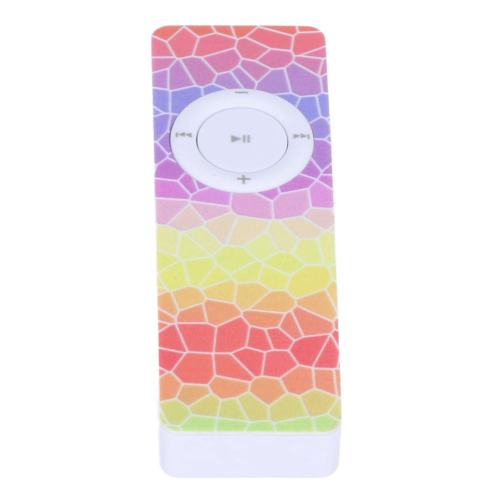 Weißer MP3-Player mit einem farbenfrohen Mosaikdesign. Er hat ein kreisförmiges Steuerfeld und einen Kopfhöreranschluss.