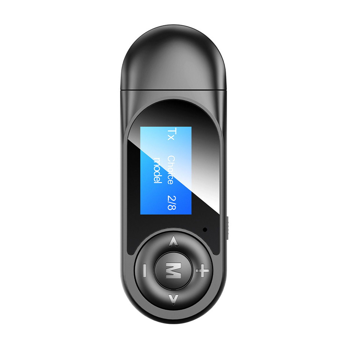 Schwarzer Bluetooth-Empfänger mit Bildschirm, Tasten und USB-Anschluss. Weißer Hintergrund.