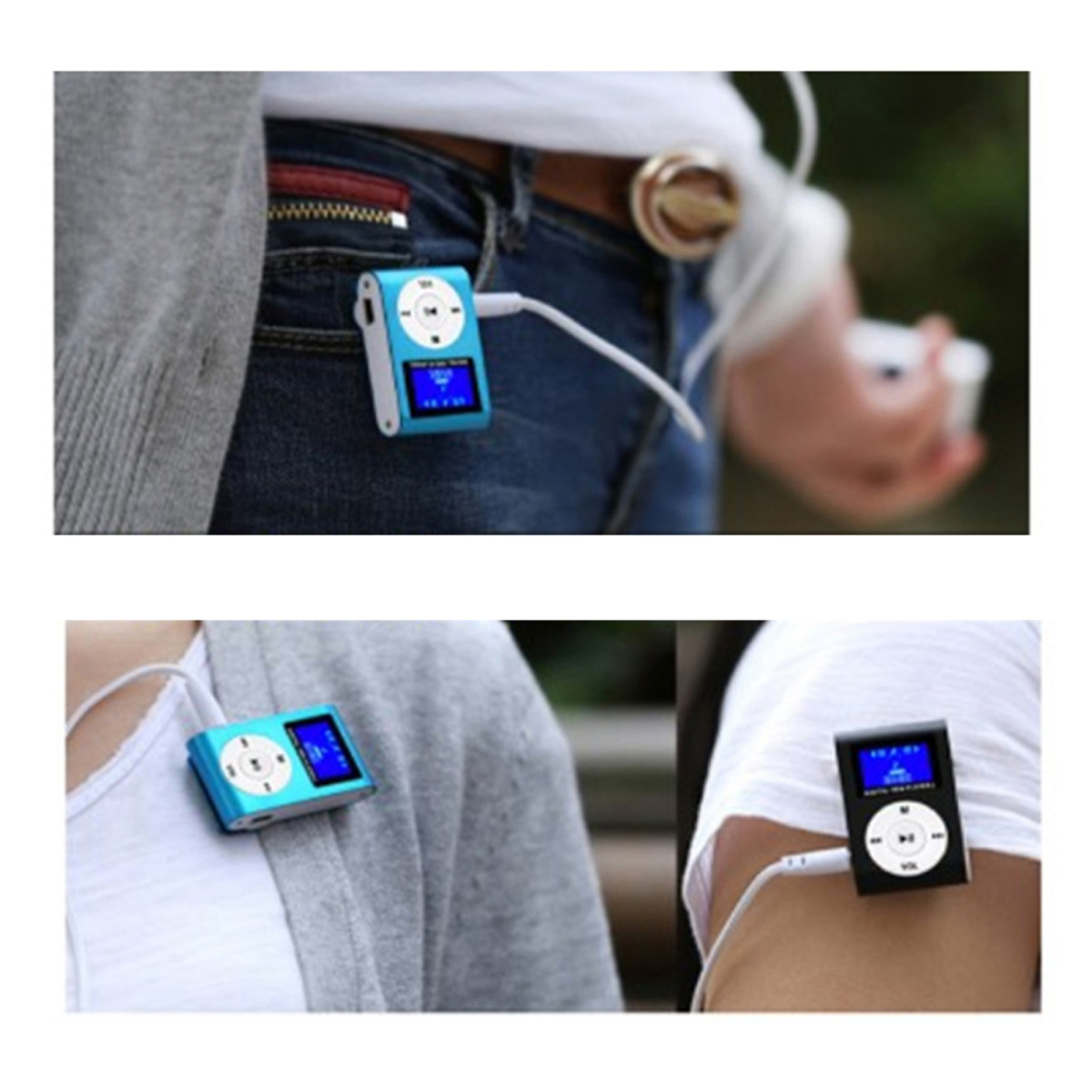 Drei Bilder von blauen und schwarzen MP3-Playern. Sie sind an der Kleidung einer Person befestigt.