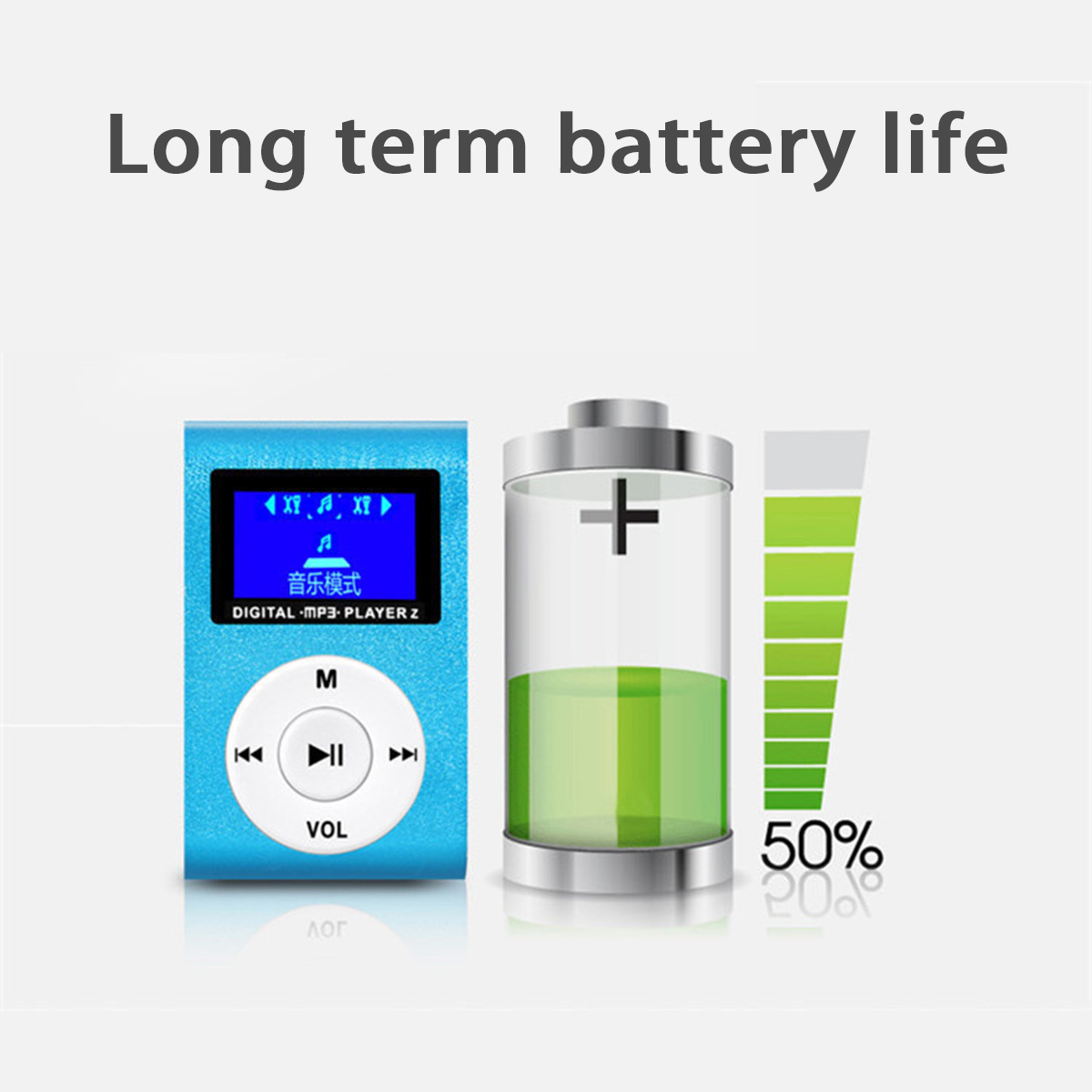 Blauer MP3-Player mit Bildschirm, der eine Benutzeroberfläche und eine Batteriestandsanzeige zeigt.