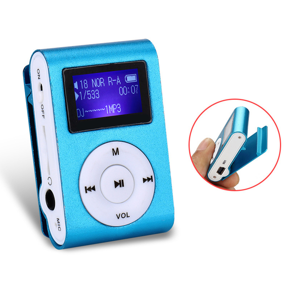 Blauer MP3-Player mit Bildschirm und Bedienelementen. Daneben ist ein weiterer Player abgebildet.