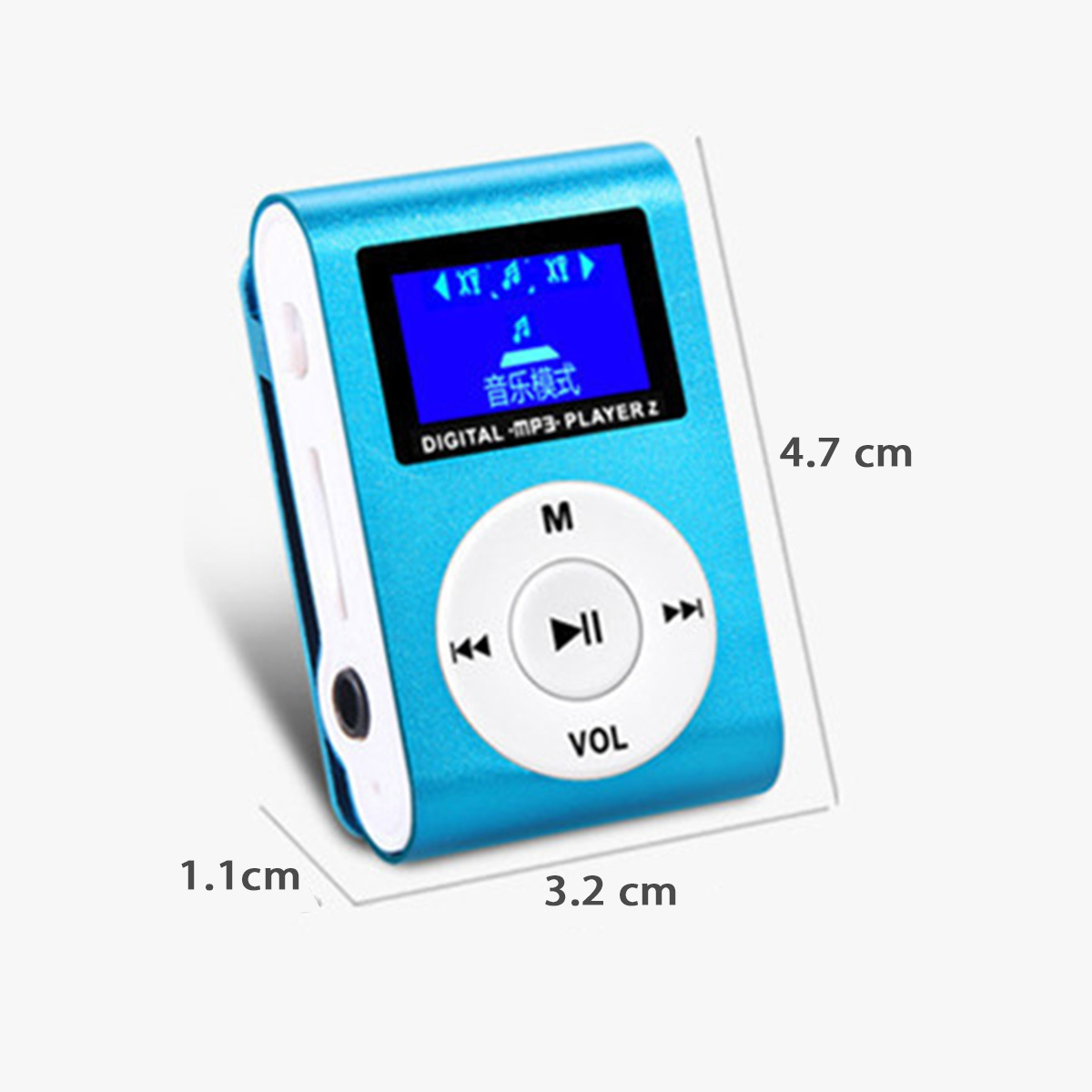 Blauer MP3-Player mit Bildschirm und Knöpfen. Zeigt die Abmessungen von 4,7 cm x 3,2 cm x 1,1 cm.