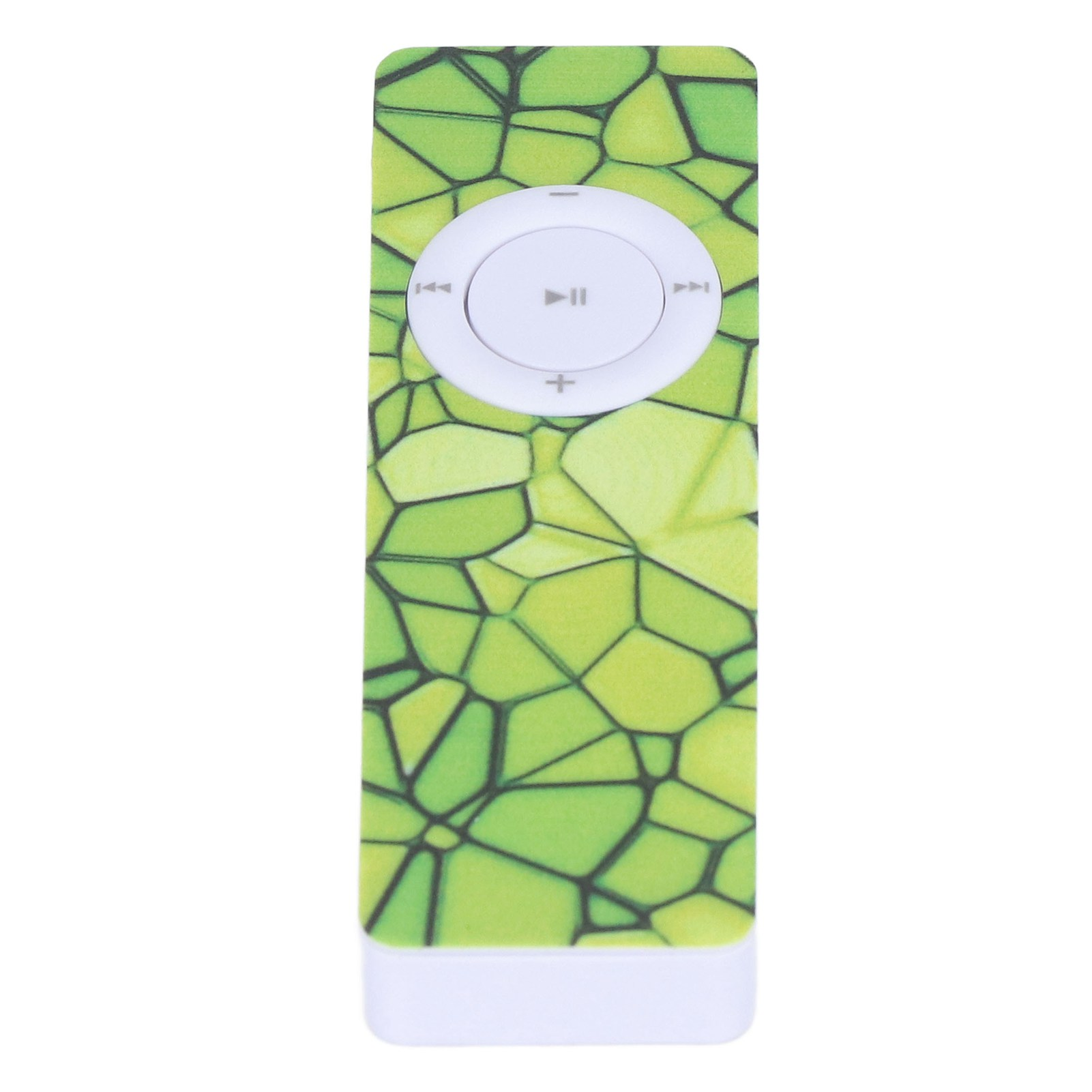 Grüne und weiße MP3-Player-Steuerung. Grün, gelb und schwarzes geometrisches Design.