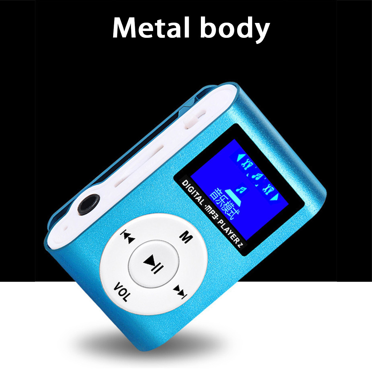 Ein blauer MP3-Player mit einem Bildschirm, der Musikinformationen anzeigt. Text 'Metallgehäuse' darüber.