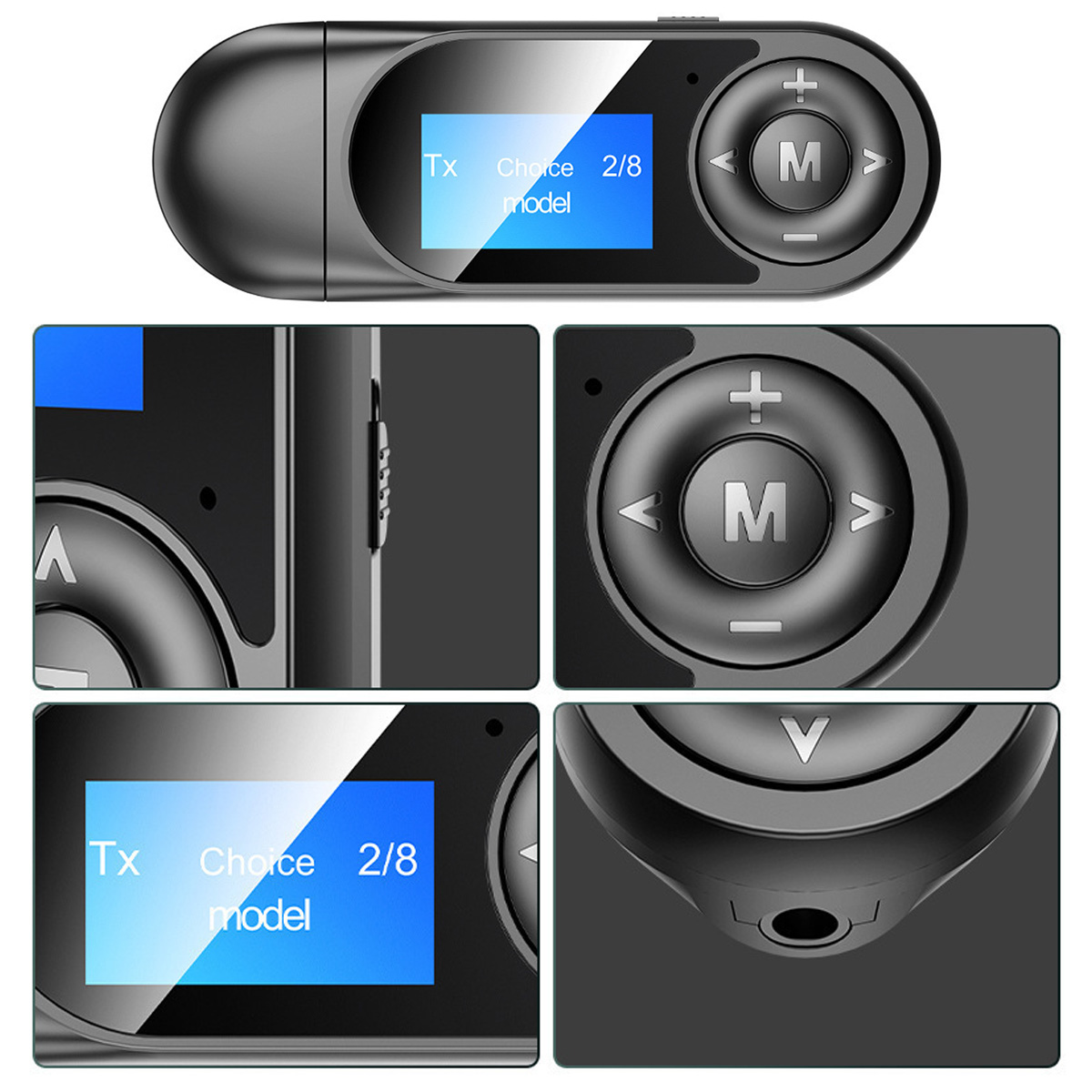 Nahaufnahme eines schwarzen Audiogeräts mit mehreren Details.