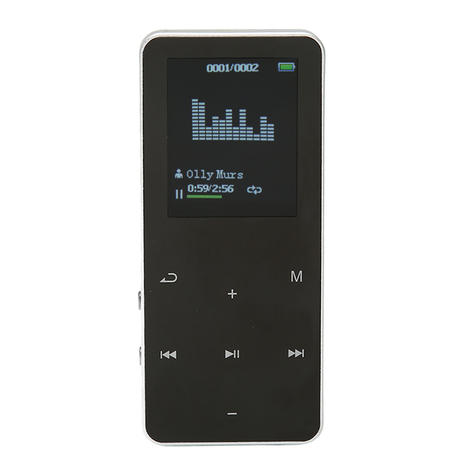 Schwarzer MP3-Player mit Bildschirm, der Titelinformationen und Steuerelemente anzeigt.