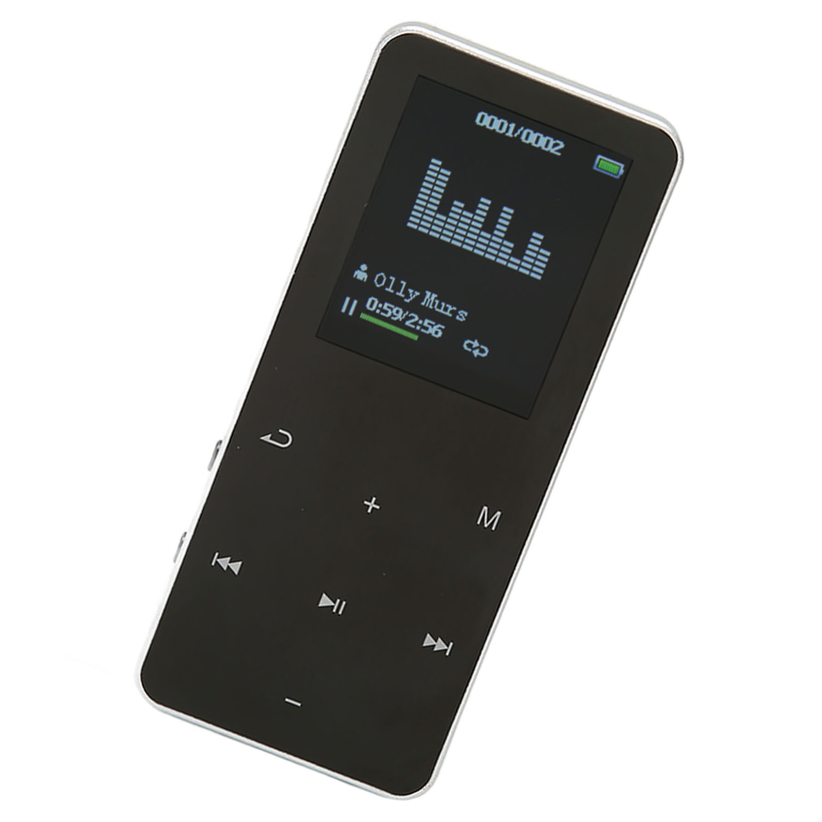 Ein schwarzer MP3-Player mit einem Bildschirm, der den Songnamen und die Musikleiste anzeigt.