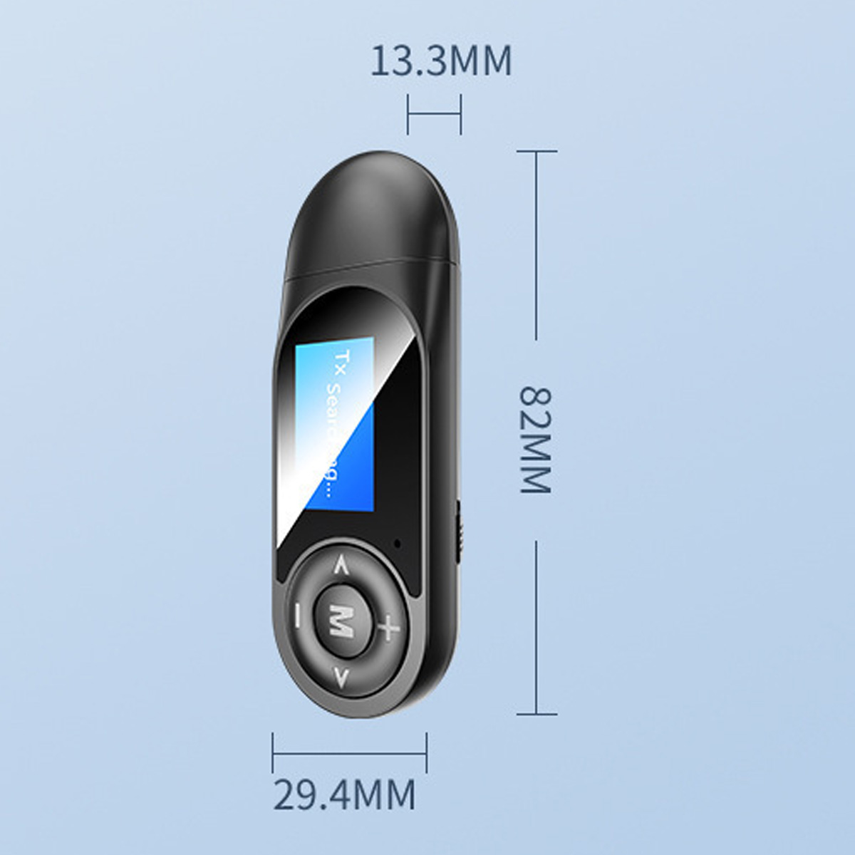 Ein schwarzer MP3-Player mit kleinem Bildschirm. Mit Knöpfen und Messungen an der Seite.