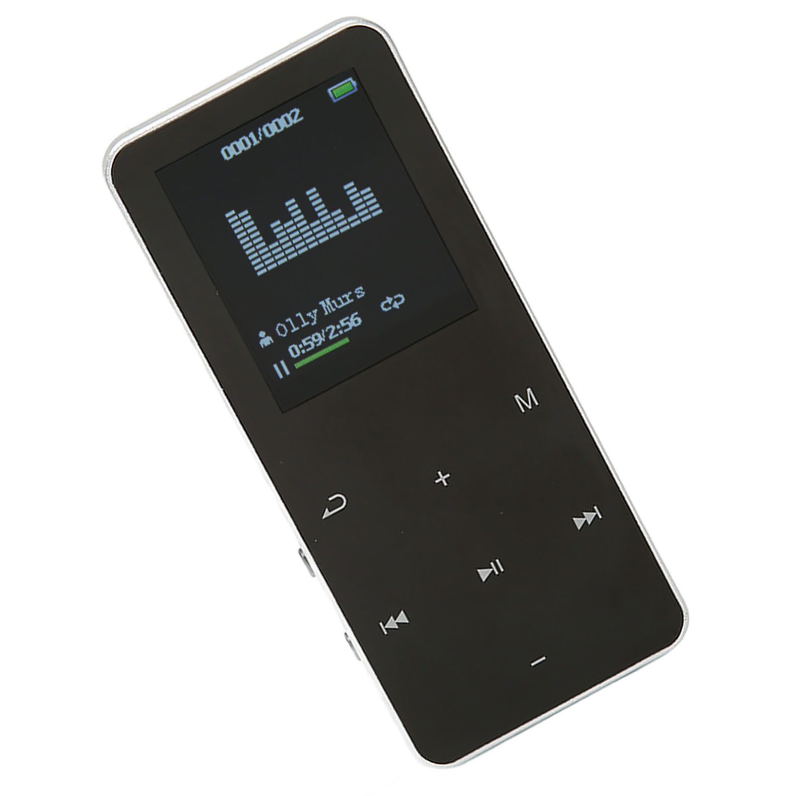 Schwarzer MP3-Player mit Bildschirm, der Song-Infos und einen Musik-Equalizer anzeigt.