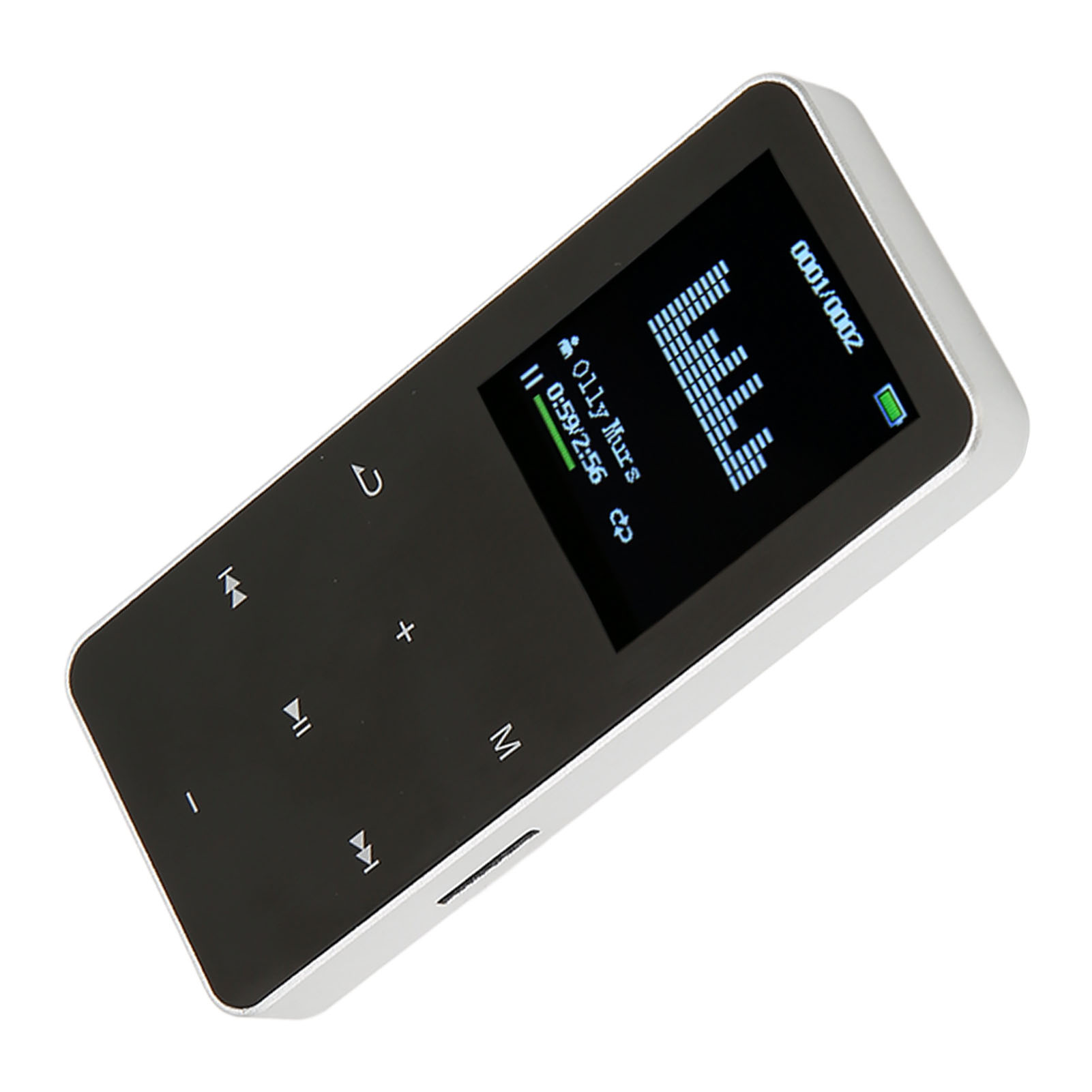 Ein kleiner, schwarz-weißer MP3-Player mit einem Bildschirm, der Musik anzeigt.