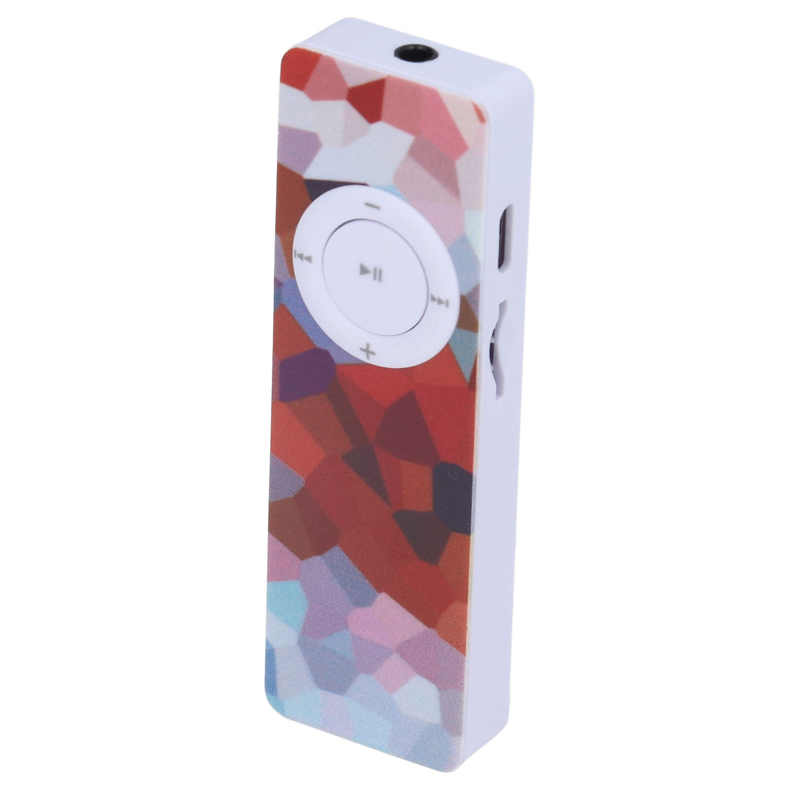 Ein weißer Musikplayer mit bunten geometrischen Formen. Es hat Wiedergabe/Pause- und Überspringen-Tasten.