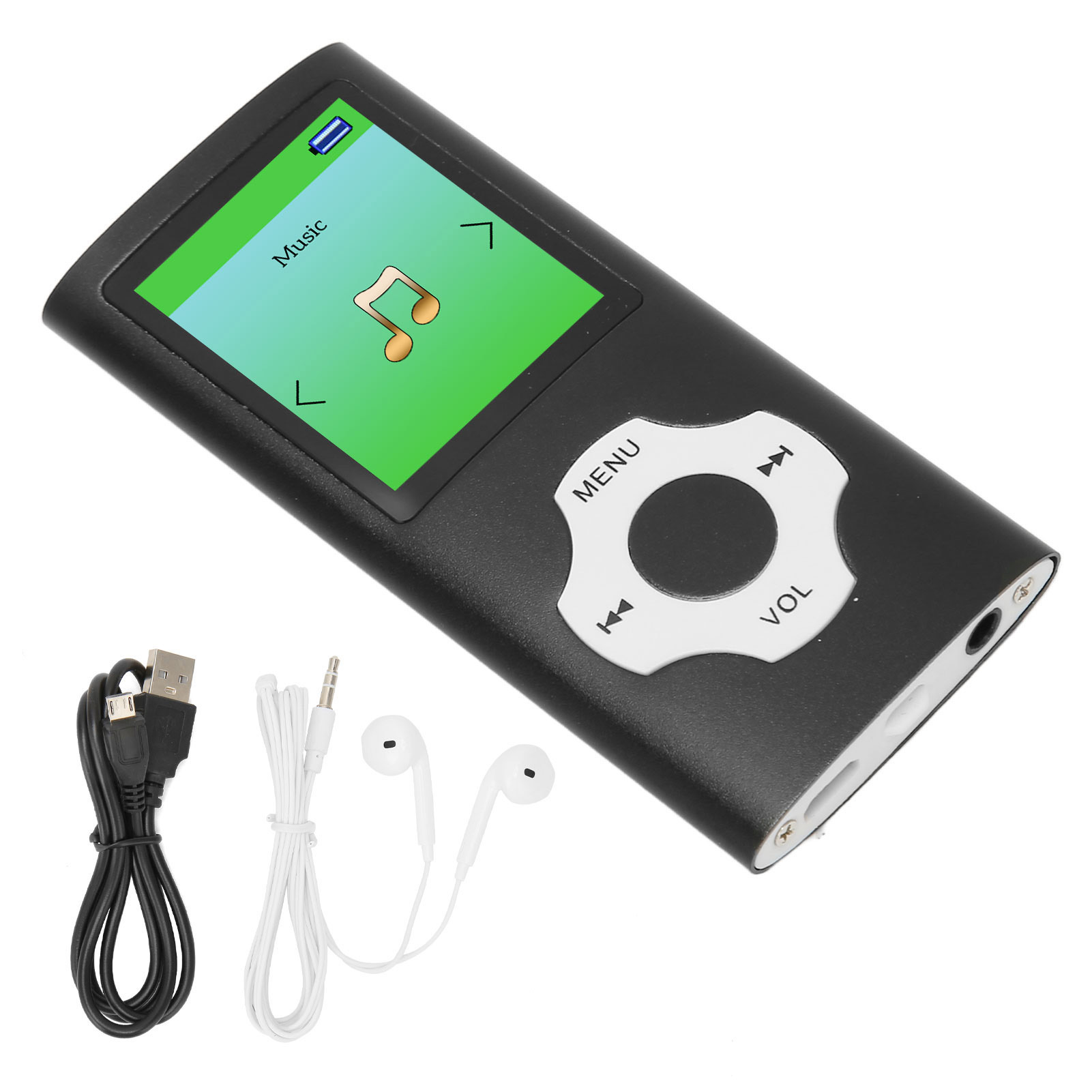 Un lettore MP3 nero con schermo, pulsanti e cuffie. Un cavo USB è a sinistra.