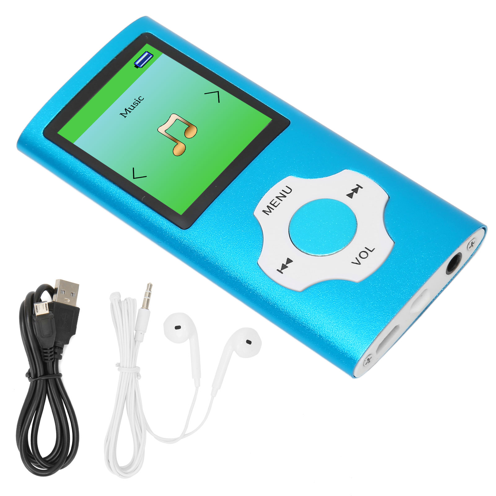 Ein blauer MP3-Player mit Bildschirm, Bedienelementen und Kopfhörern. Ein schwarzes USB-Kabel auch.
